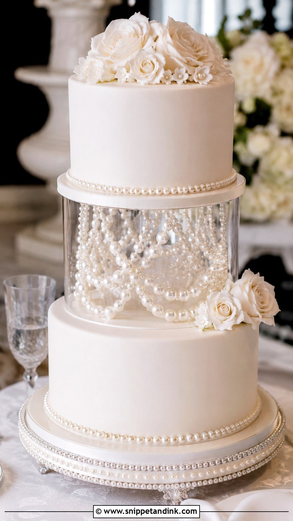Pearl Spacer Wedding Cake - Snippet and Ink - 20 Wedding Cake Ideas with Spacers