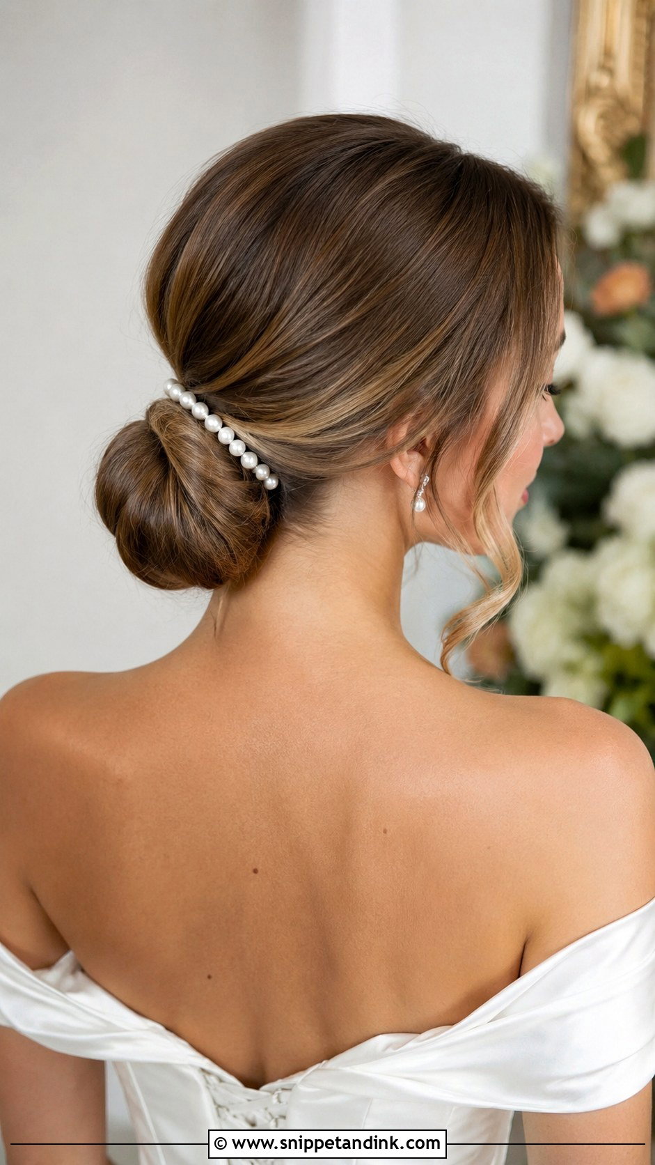 Pearl Strand Low Bun - Snippet and Ink - 20 Bridal Hair Pearls Ideas