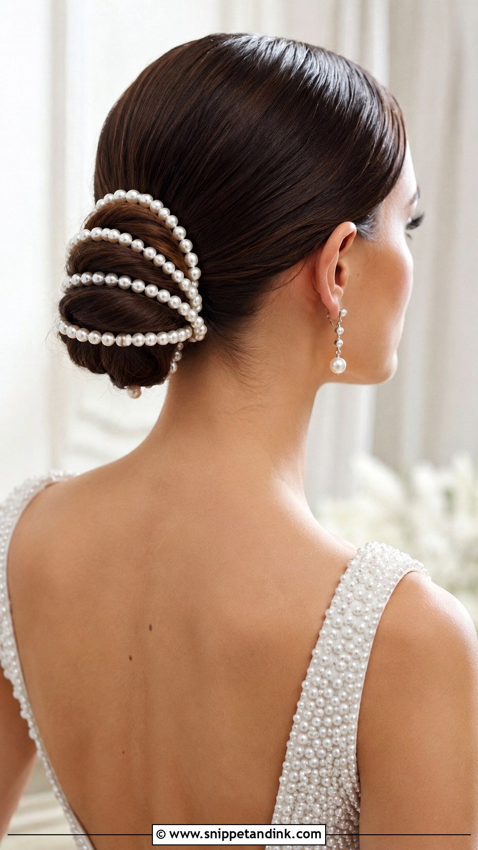 Pearl Strand Wrapped Bun - Snippet and Ink - 20 Pearl Wedding Hair Ideas