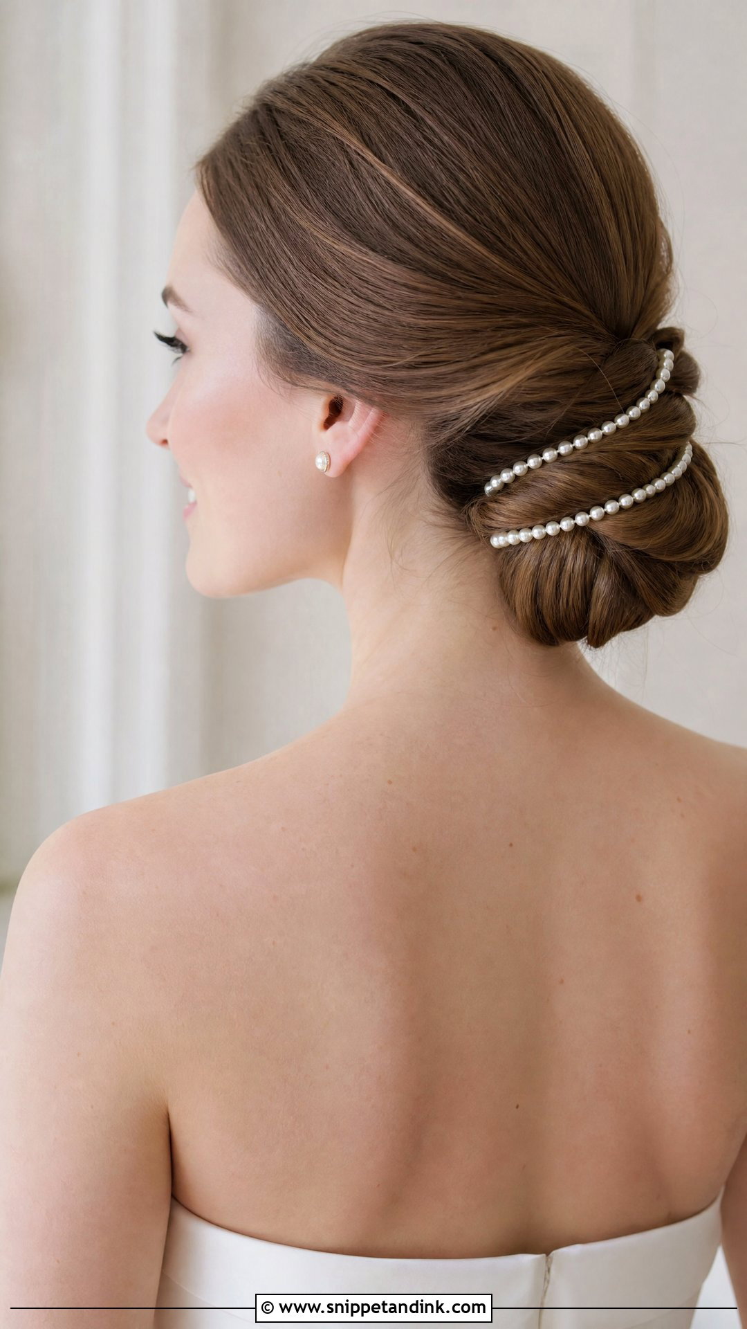 Pearl Strand Wrapped Low Bun - Snippet and Ink - 20 Pearls in Hair Wedding Ideas