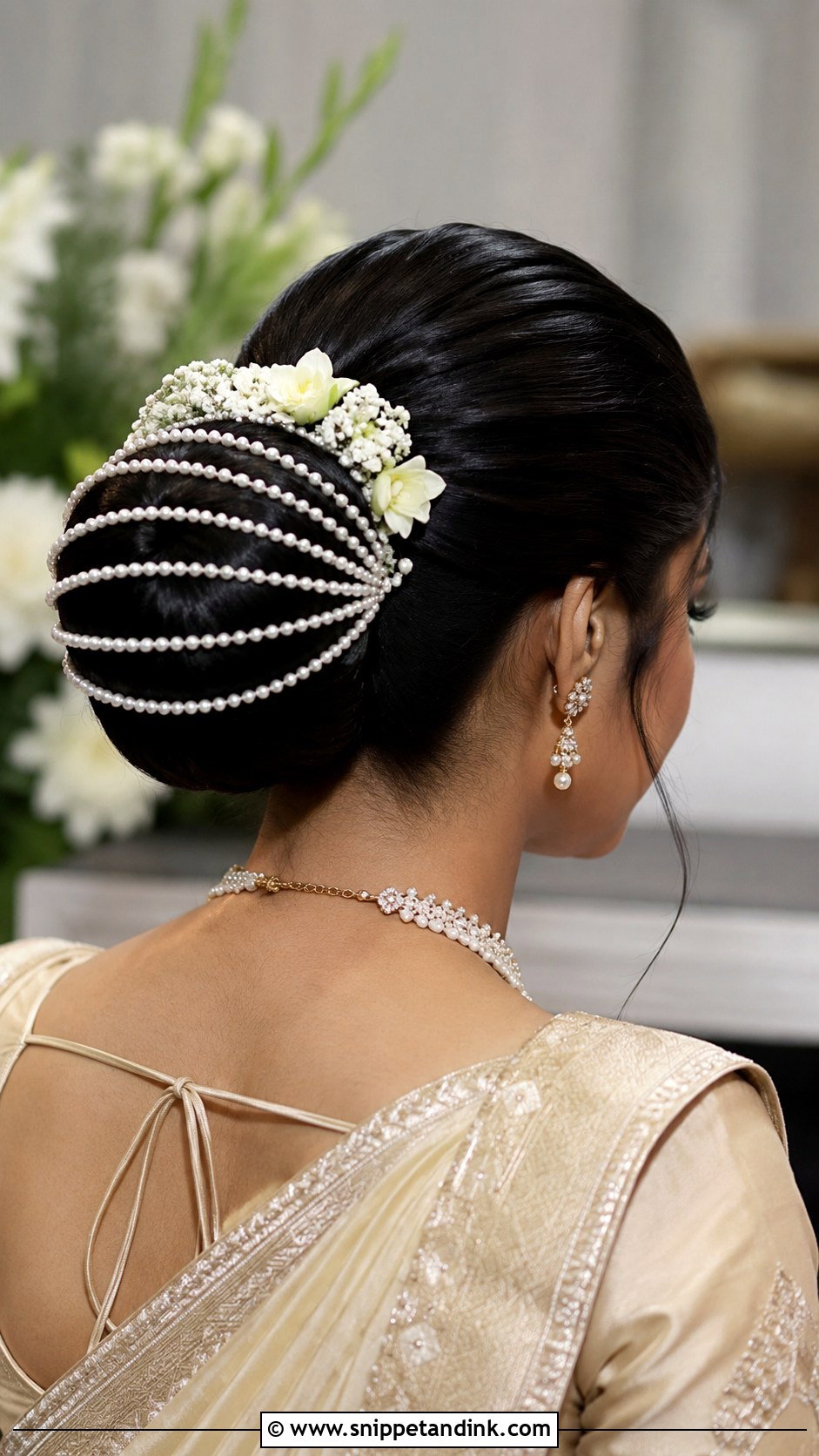 Pearl Studded Bridal Bun - Snippet and Ink - 25 Tamil Bride Hairstyle Ideas