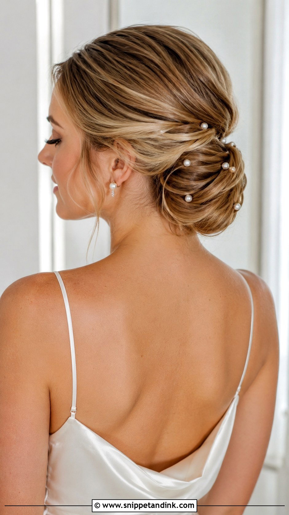 Pearl Studded Chignon - Snippet and Ink - 20 Old Money Wedding Hairstyles