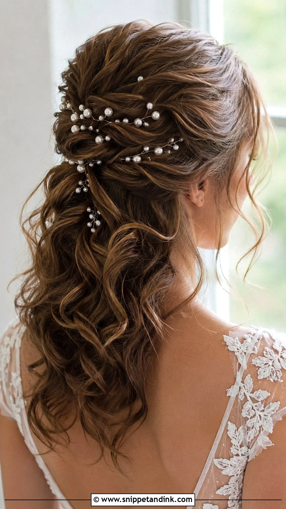 Pearl Studded Half Updo With Curls - Snippet and Ink - 20 Bridal Hair Pearls Ideas