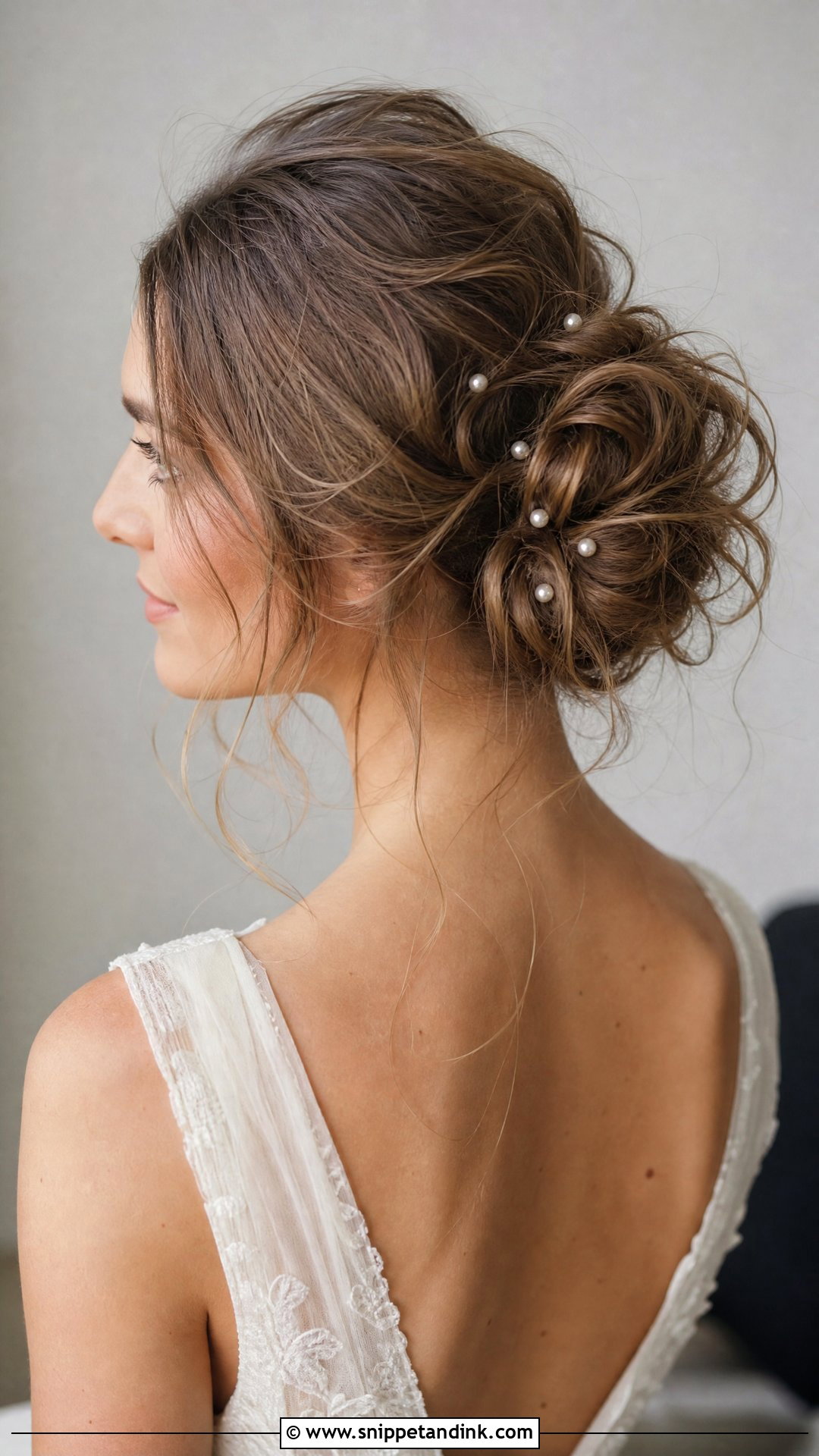Pearl Studded Messy Bun - Snippet and Ink - 20 Pearls in Hair Wedding Ideas