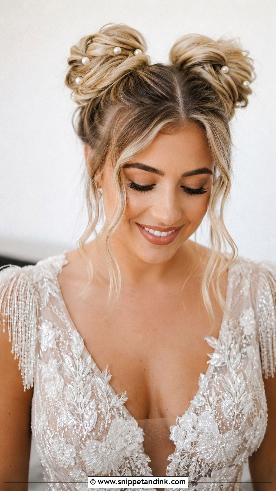 Pearl Studded Space Buns - Snippet and Ink - 20 Pearl Bridal Hair Ideas