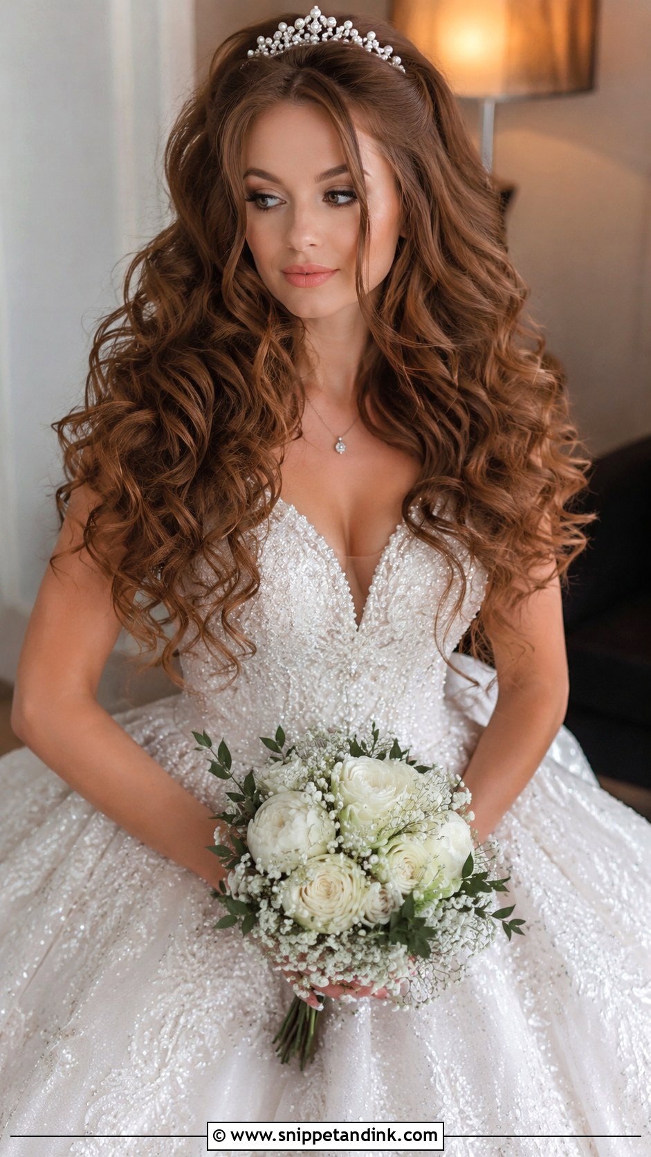 Pearl Tiara Headband With Voluminous Curls - Snippet and Ink - 20 Bridal Headband with Hair Down Ideas