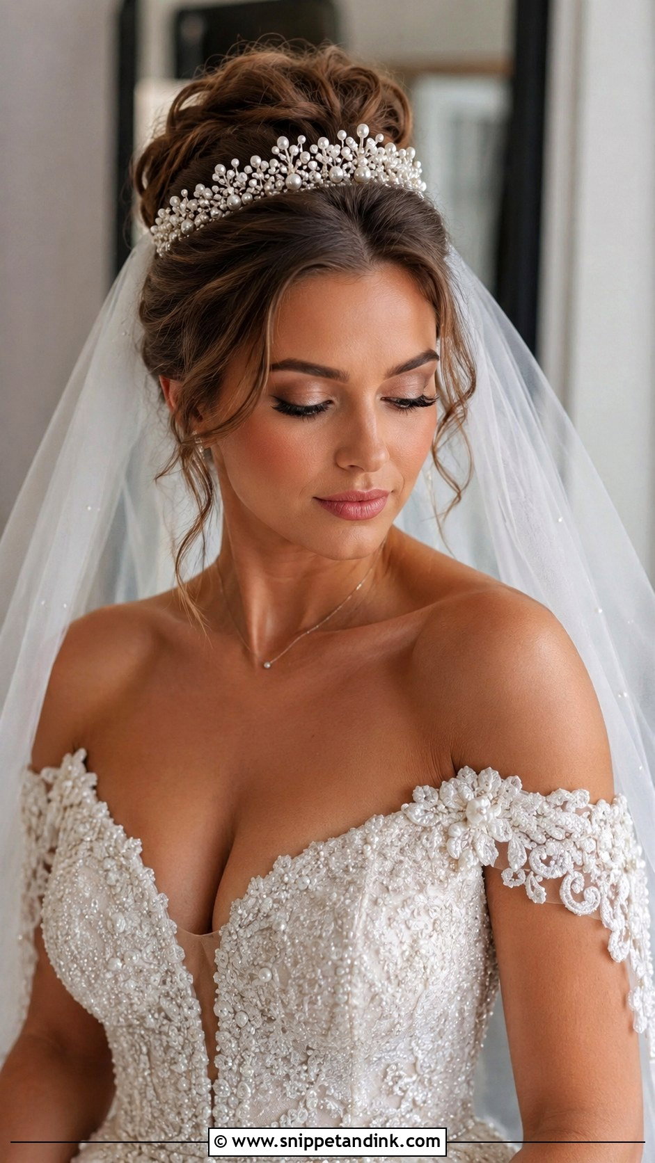 Pearl Tiara With Romantic Updo - Snippet and Ink - 20 Pearl Wedding Hair Ideas