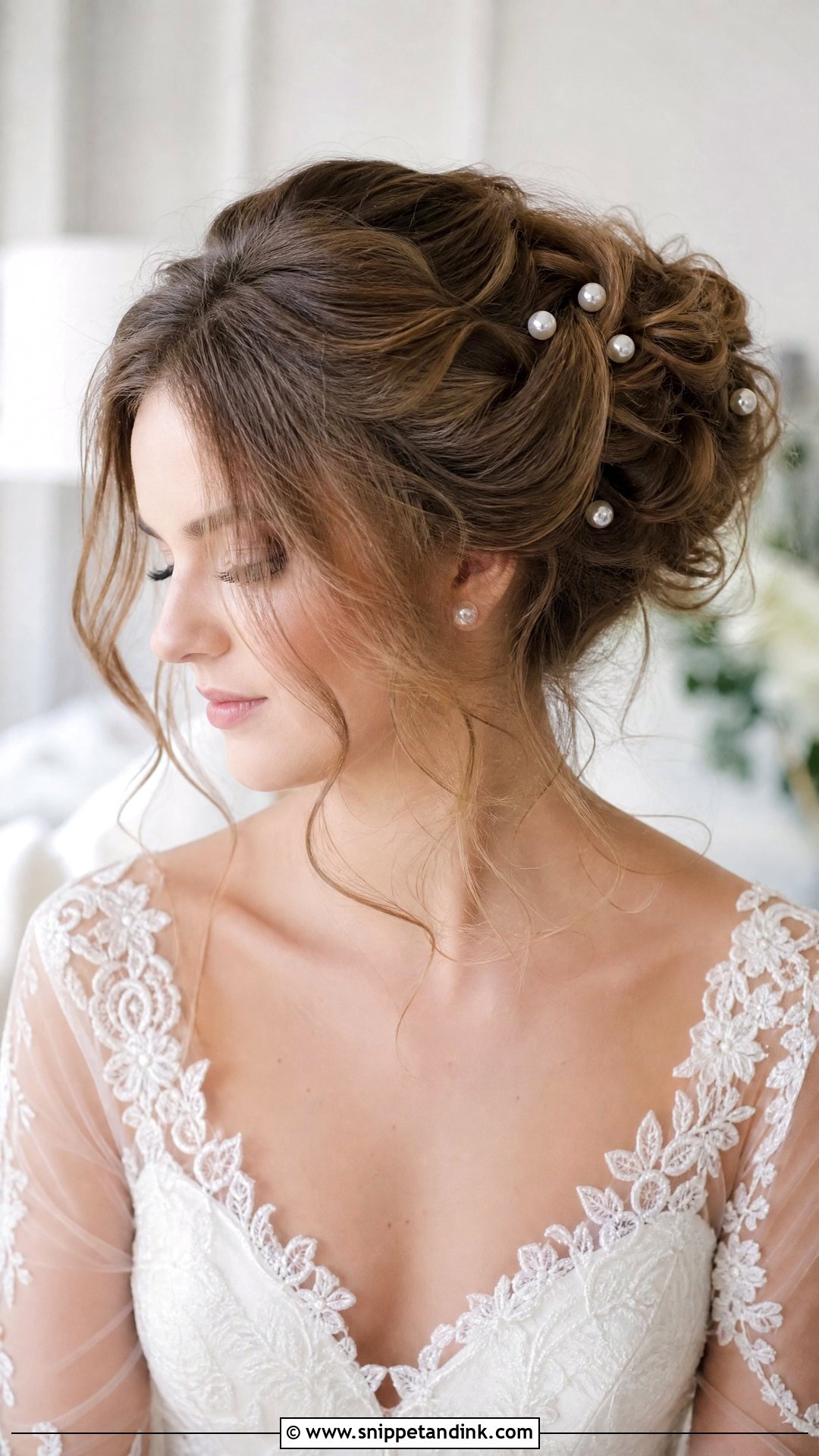 Pearl Trimmed Soft Updo with Loose Tendrils - Snippet and Ink - 20 Pearls in Hair Wedding Ideas