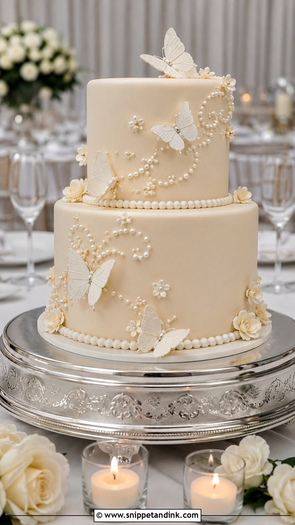 Pearl Two Tier Butterfly Wedding Cake - Snippet and Ink - 20 Two Tier Butterfly Cake Ideas for Wedding