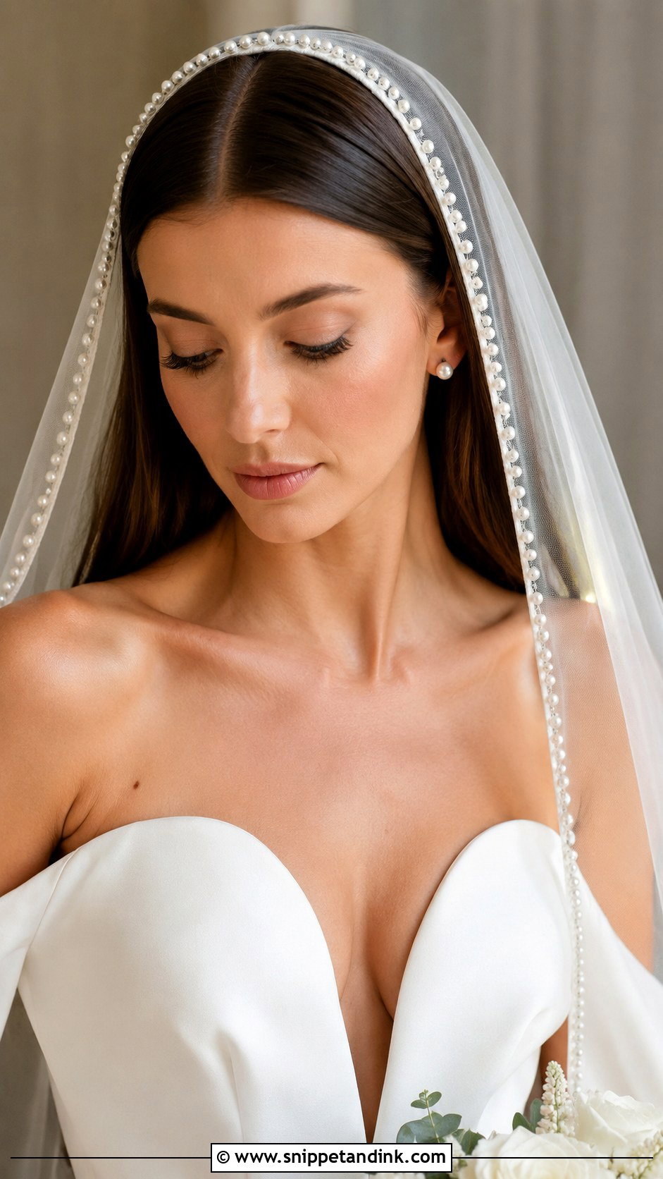 Pearl Veil with Sleek Open Hair - Snippet and Ink - 25 Bridal Hair with Pearls Ideas