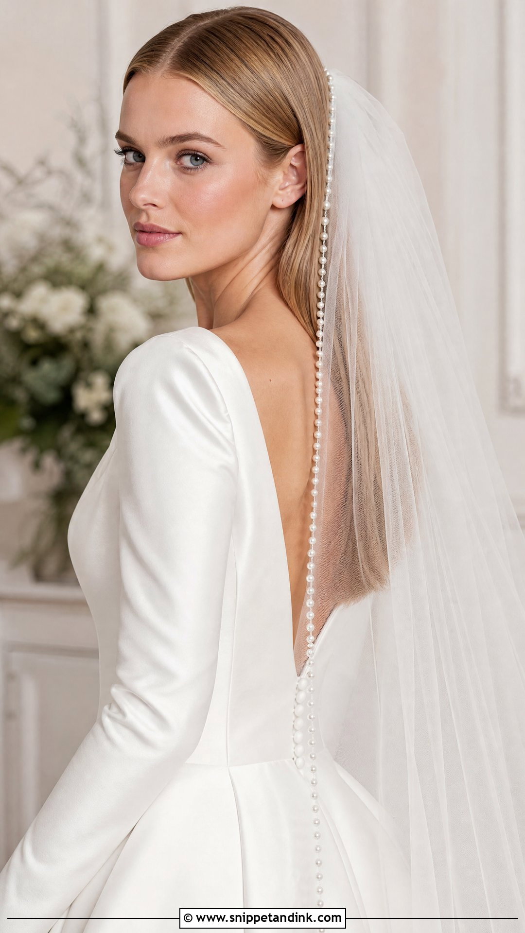 Pearl Veil with Sleek Open Hair - Snippet and Ink - 20 Pearls in Hair Wedding Ideas
