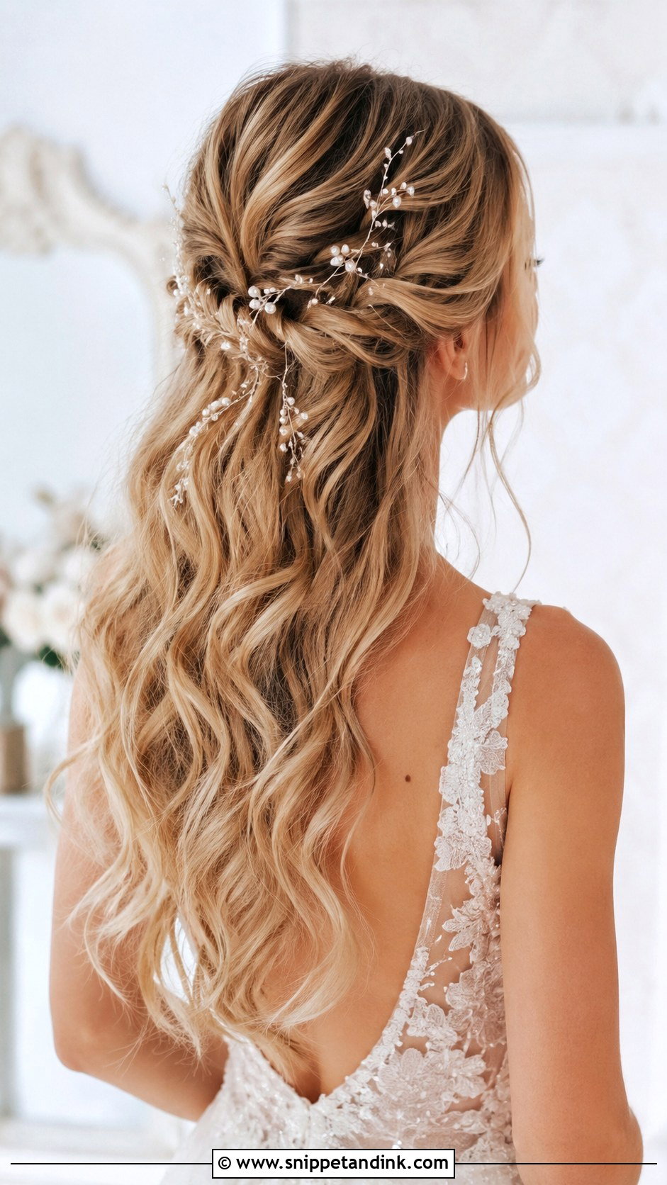 Pearl Vine Half Up Waves - Snippet and Ink - 20 Pearl Bridal Hair Ideas