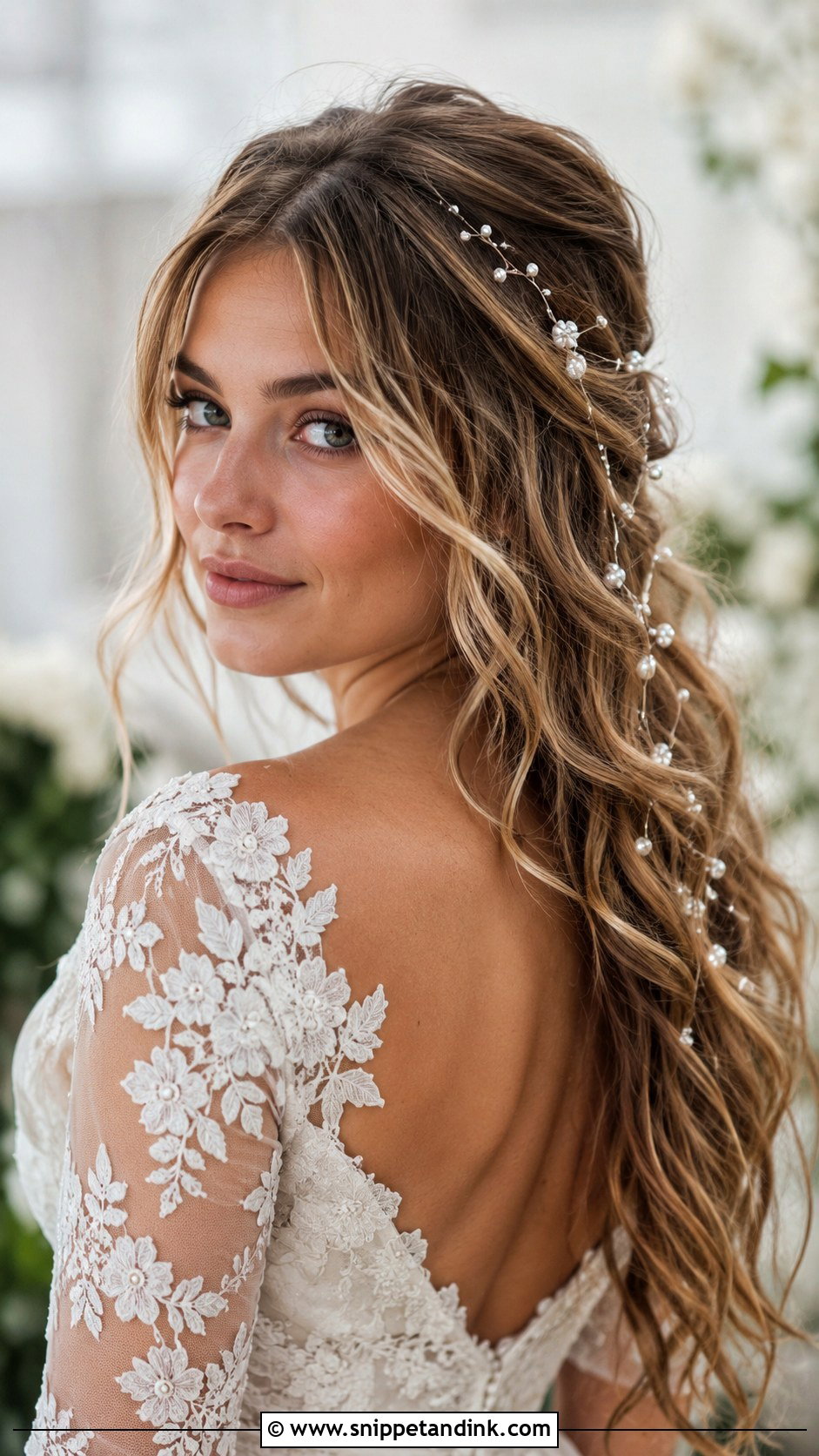 Pearl Vine Through Flowing Hair - Snippet and Ink - 20 Bridal Hair Pearls Ideas