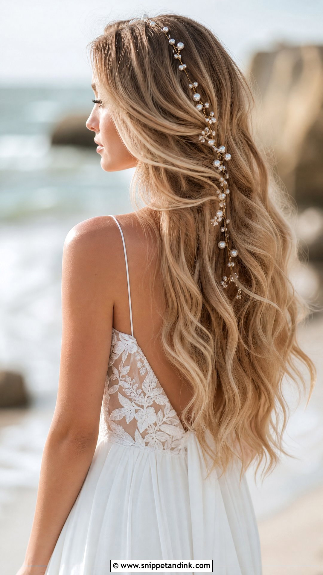 Pearl Vine Woven Through Long Hair - Snippet and Ink - 20 Pearls in Hair Wedding Ideas