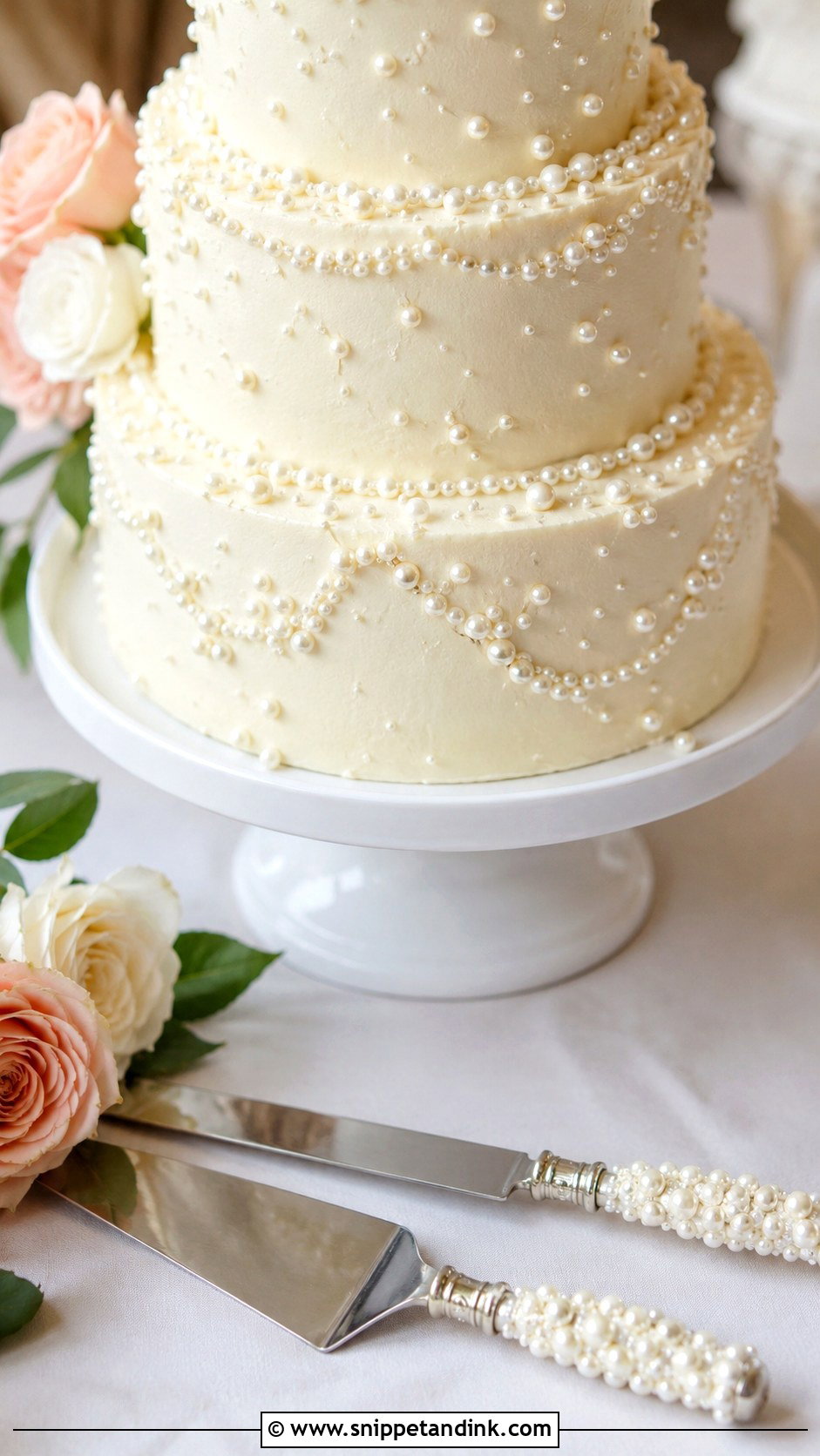 Pearl Wedding Cake Knife With Ivory Buttercream Cake - Snippet and Ink - 30 Wedding Cake Knife Decoration Ideas