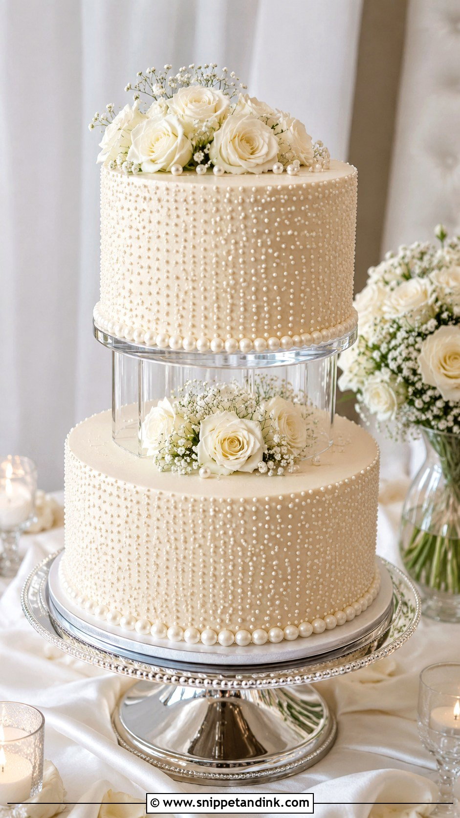 Pearl Wedding Cake With Acrylic Separator - Snippet and Ink - 20 Wedding Cake Acrylic Separator Ideas