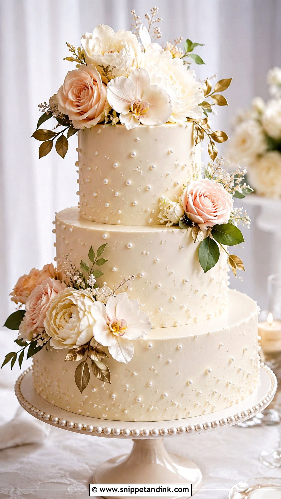 Pearl Wedding Cake With Artificial Flowers - Snippet and Ink - 20 Wedding Cake Ideas with Artificial Flowers