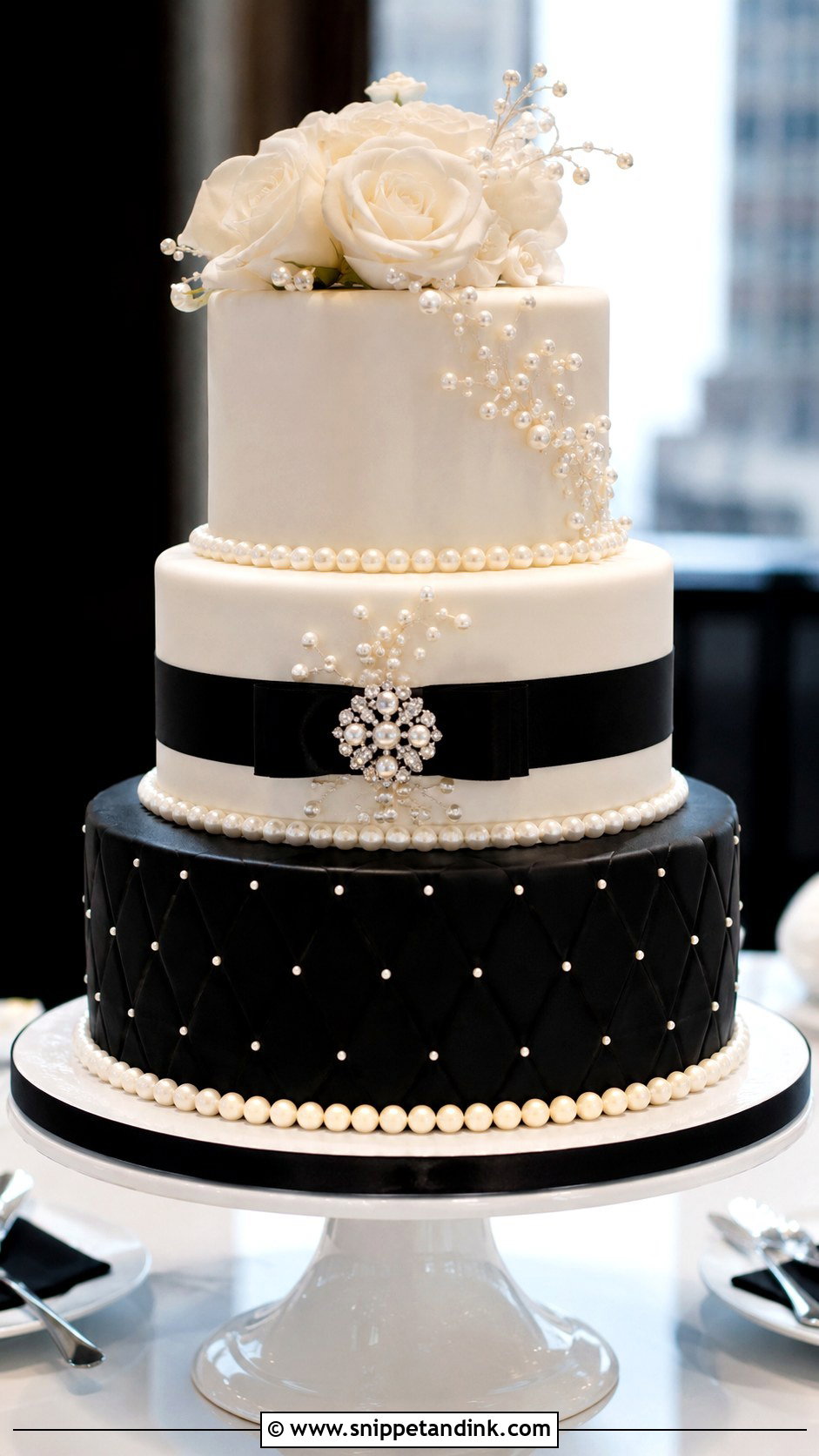 Pearl Wedding Cake With Black And White - Snippet and Ink - 20 Pearls on Wedding Cake Ideas