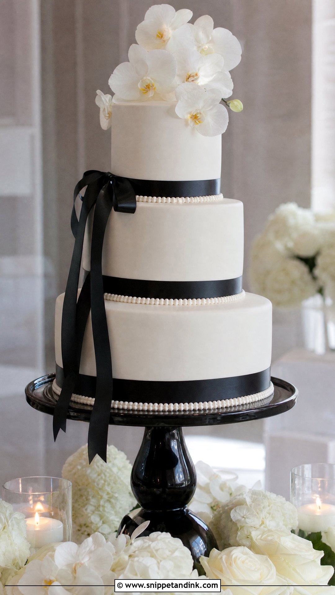 Pearl Wedding Cake With Black Ribbon - Snippet and Ink - 20 Pearl Wedding Cake Ideas