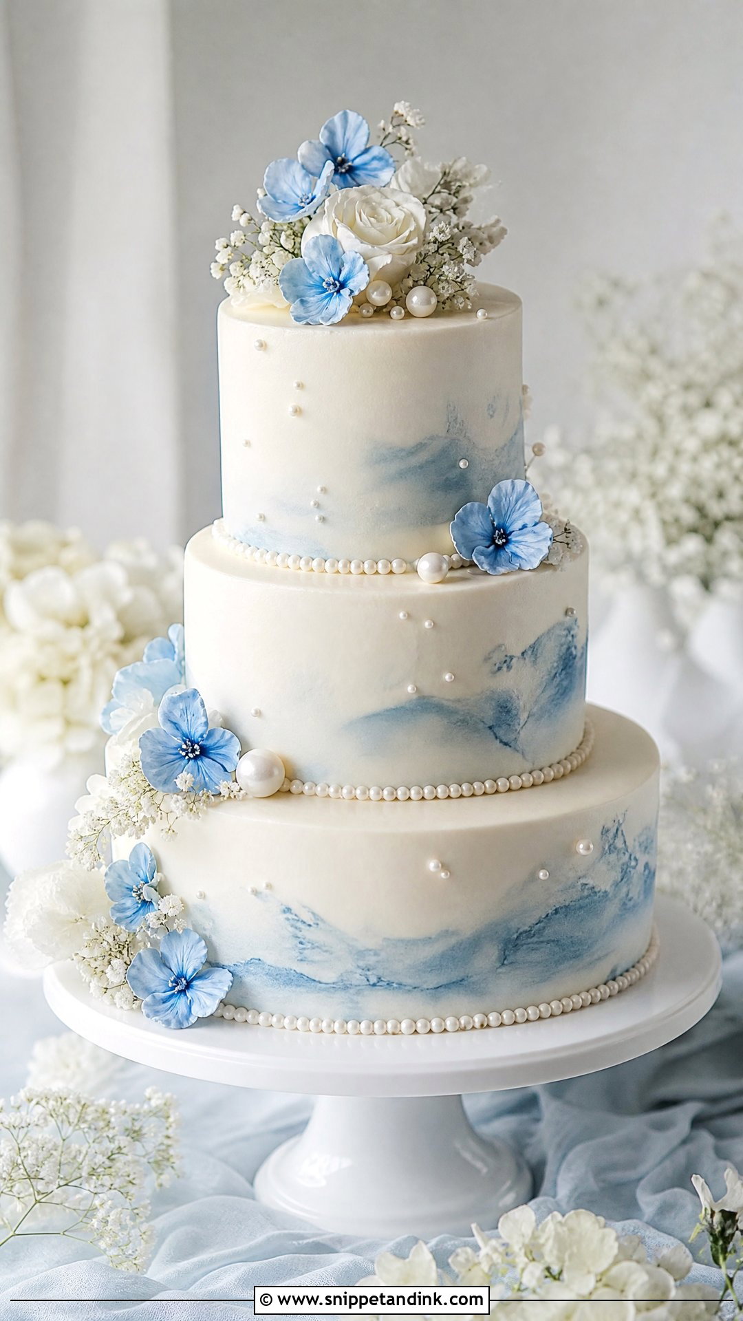 Pearl Wedding Cake With Blue Accent - Snippet and Ink - 20 Pearls Cake Ideas for Wedding