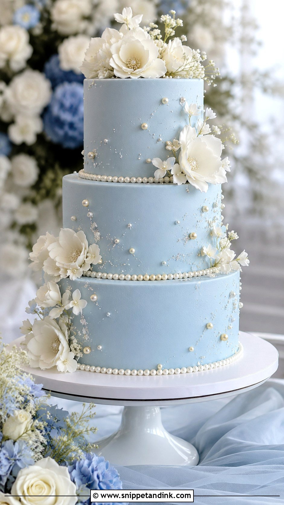 Pearl Wedding Cake With Blue - Snippet and Ink - 20 Pearls on Wedding Cake Ideas