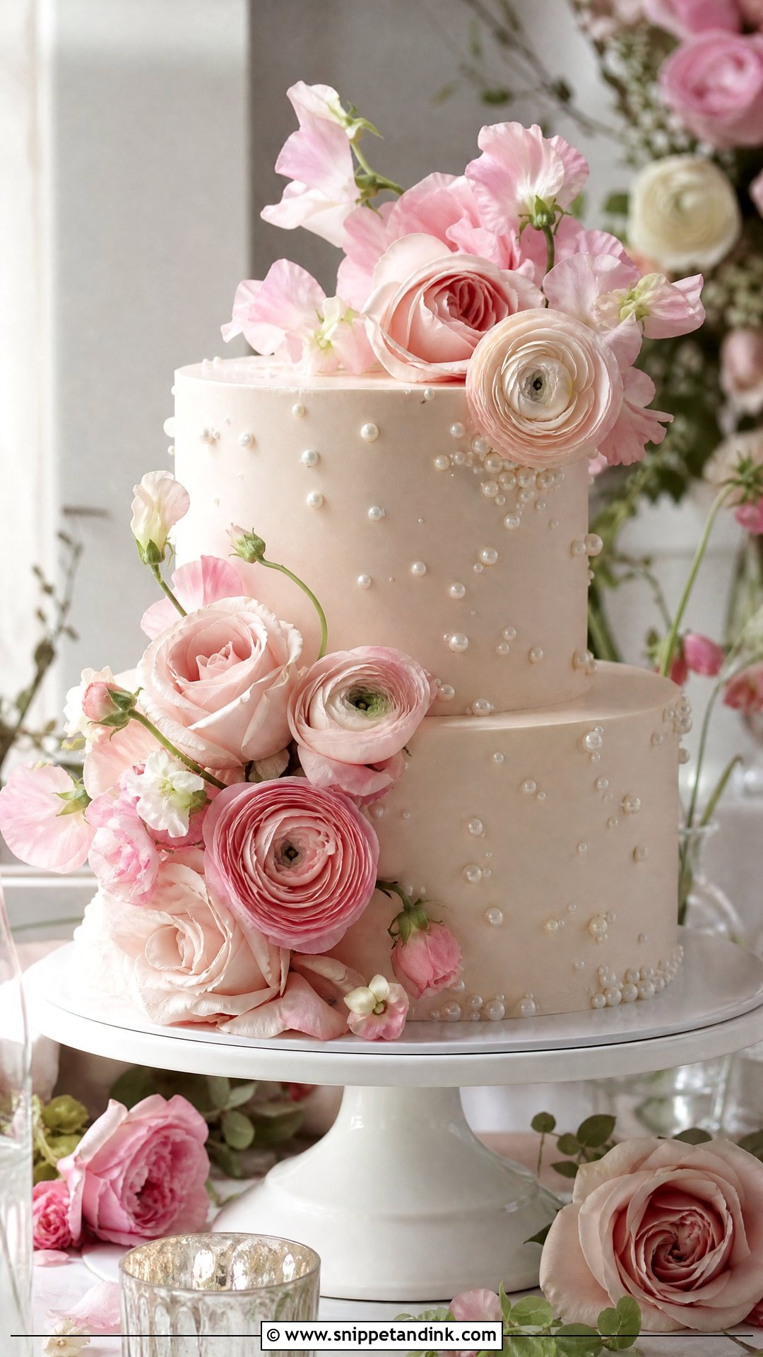 Pearl Wedding Cake With Blush Flowers - Snippet and Ink - 20 Pearl Wedding Cake Ideas