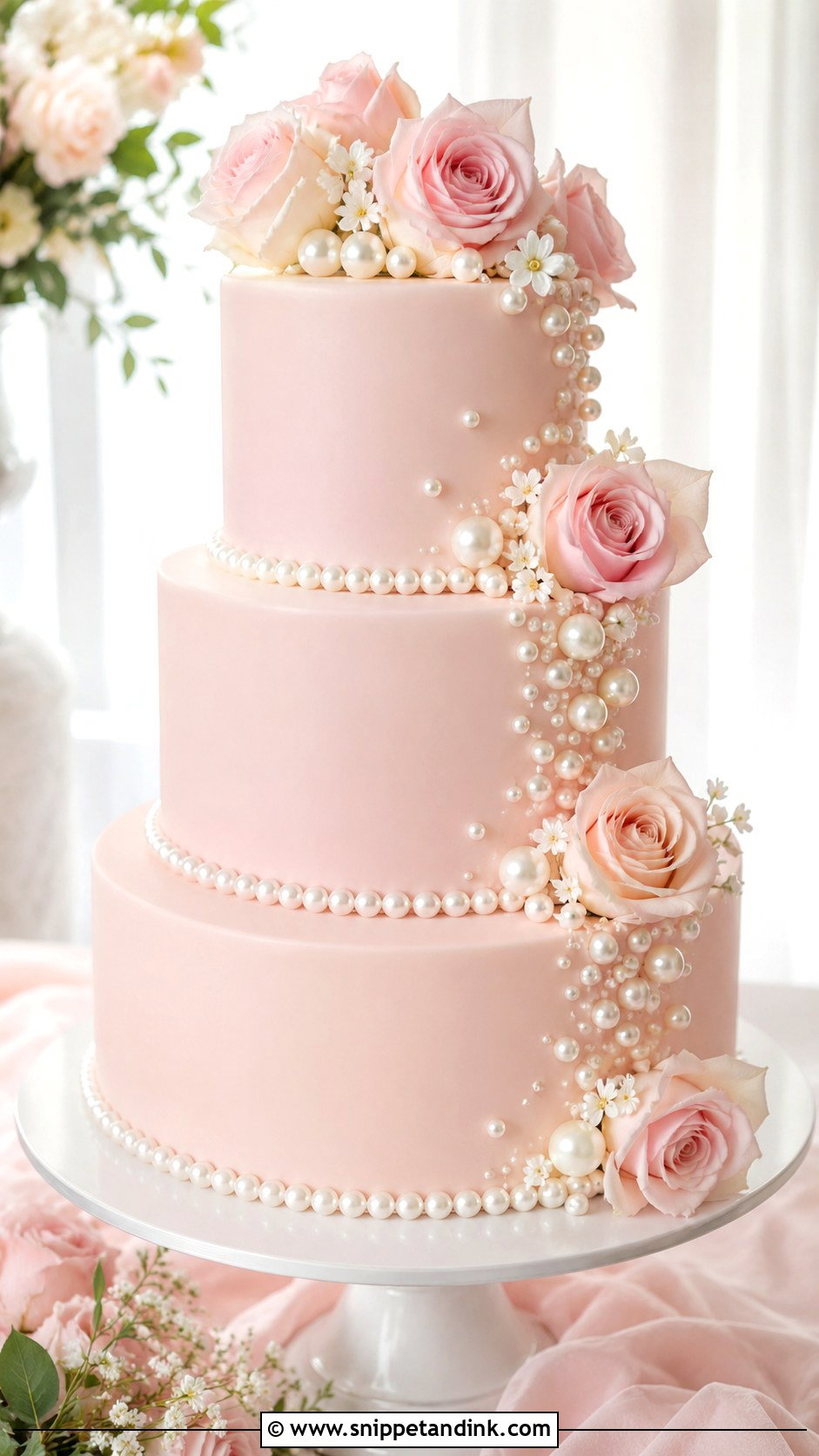 Pearl Wedding Cake With Blush Pink - Snippet and Ink - 20 Pearls on Wedding Cake Ideas