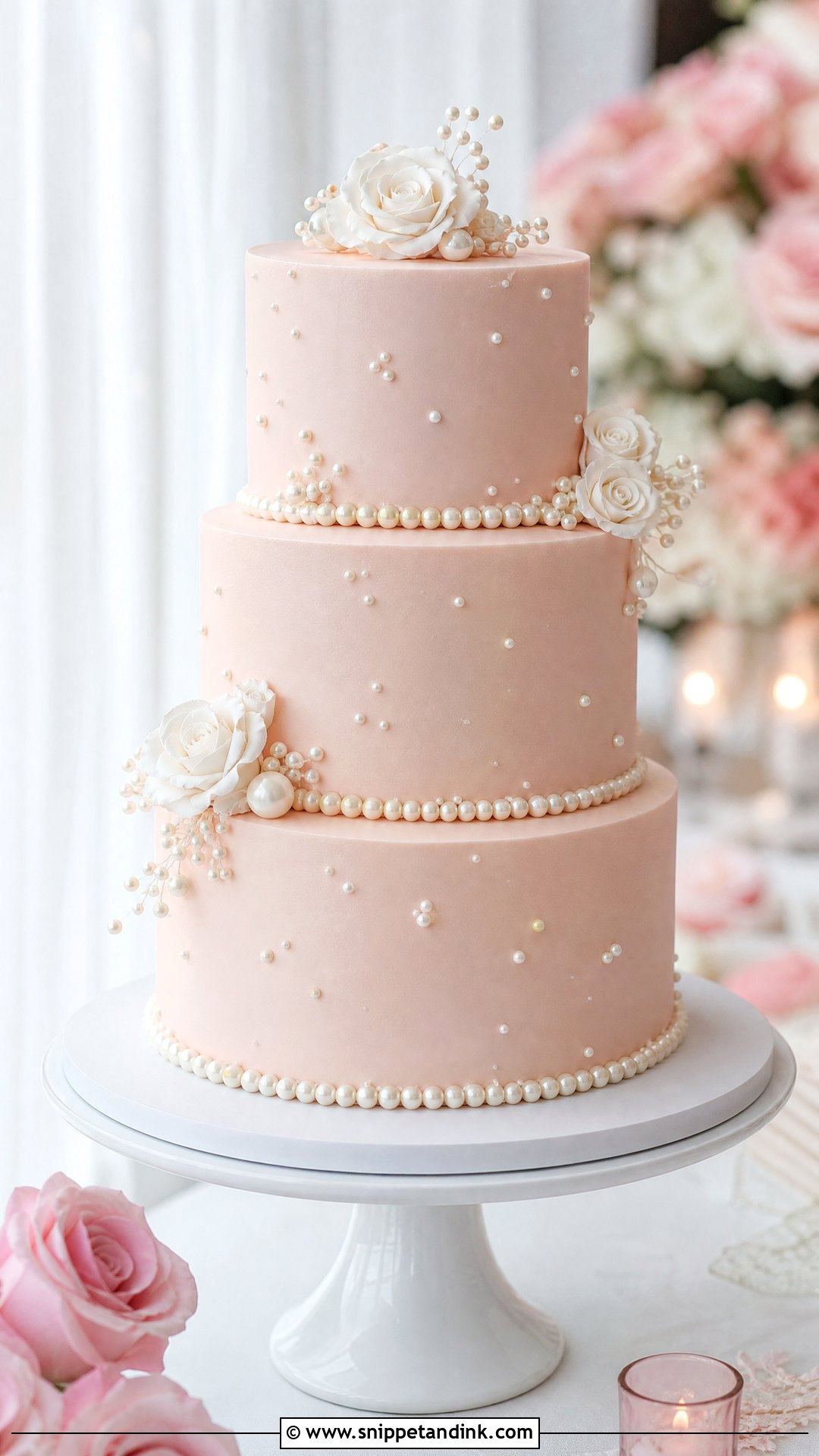 Pearl Wedding Cake With Blush Pink - Snippet and Ink - 20 Pearls Cake Ideas for Wedding