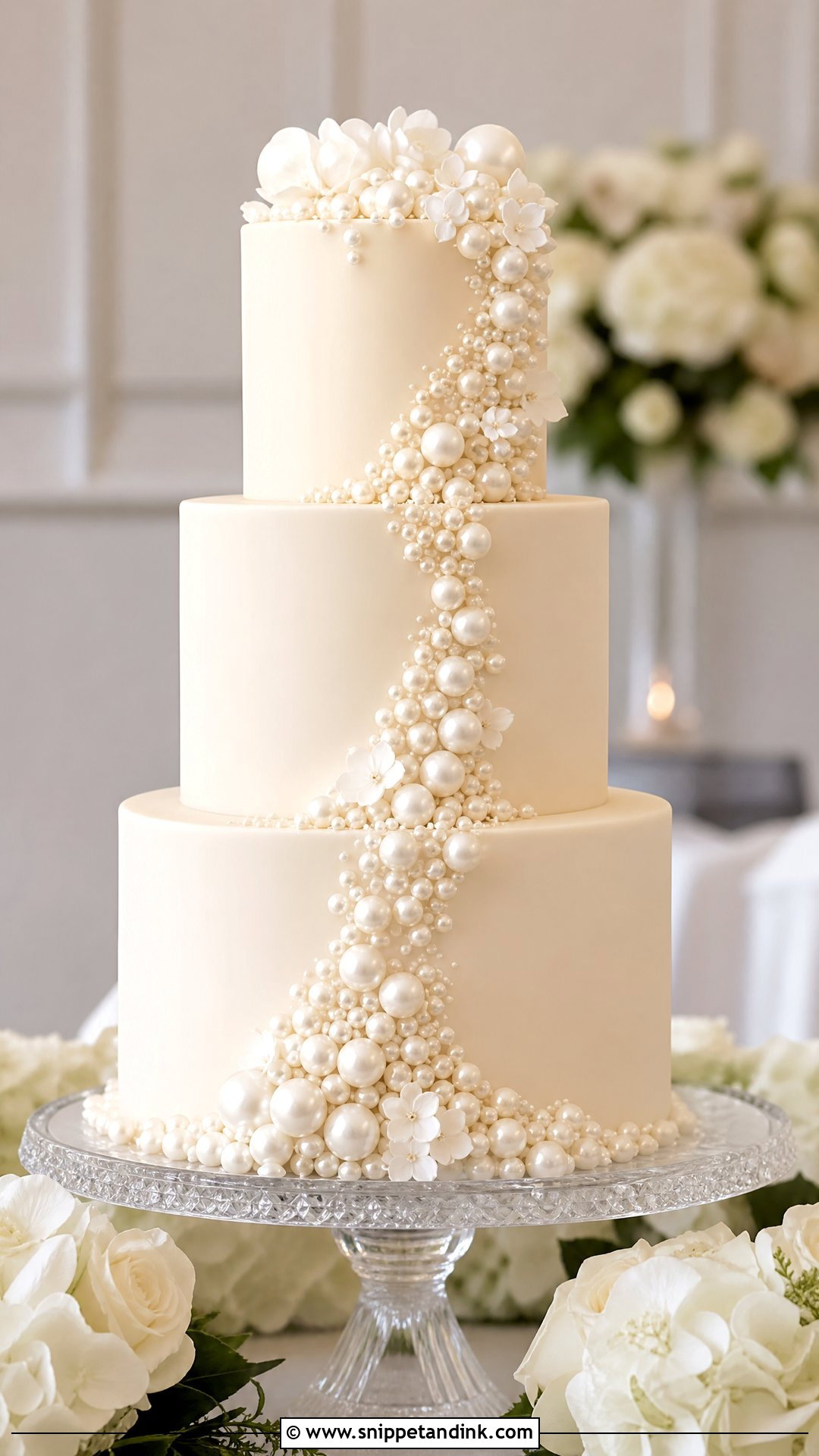 Pearl Wedding Cake With Cascade Pearls - Snippet and Ink - 20 Pearl Wedding Cake Ideas