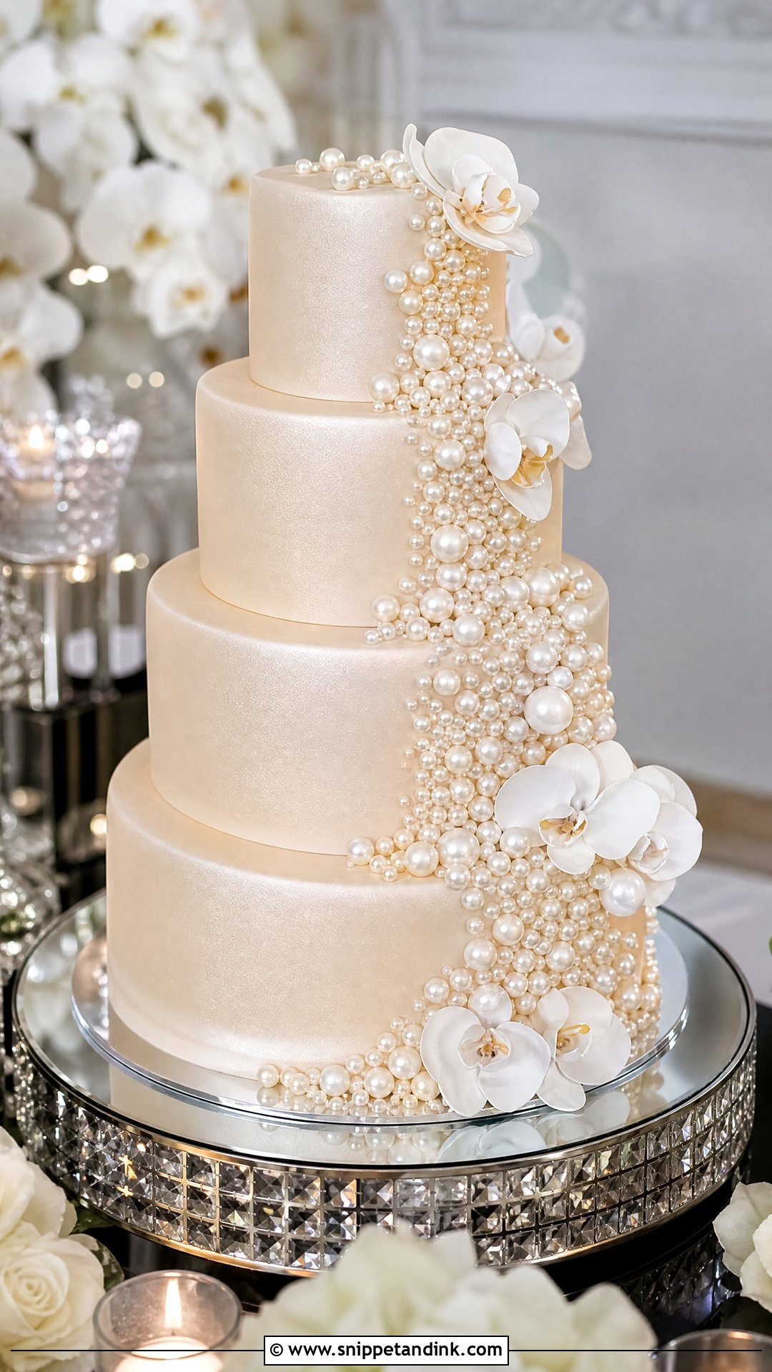 Pearl Wedding Cake With Cascading Pearls - Snippet and Ink - 20 Pearls Cake Ideas for Wedding
