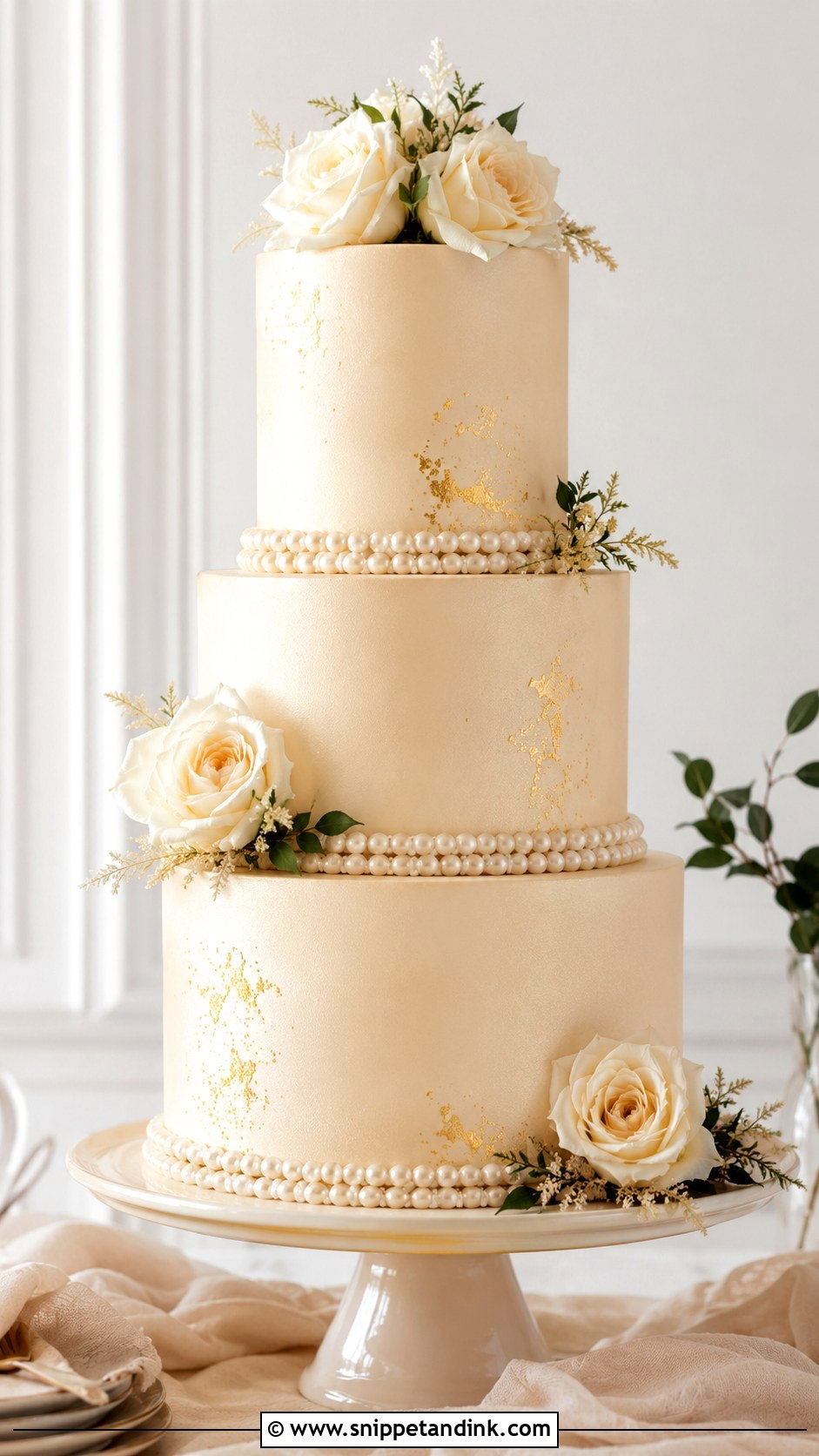 Pearl Wedding Cake With Champagne Color - Snippet and Ink - 20 Pearls on Wedding Cake Ideas