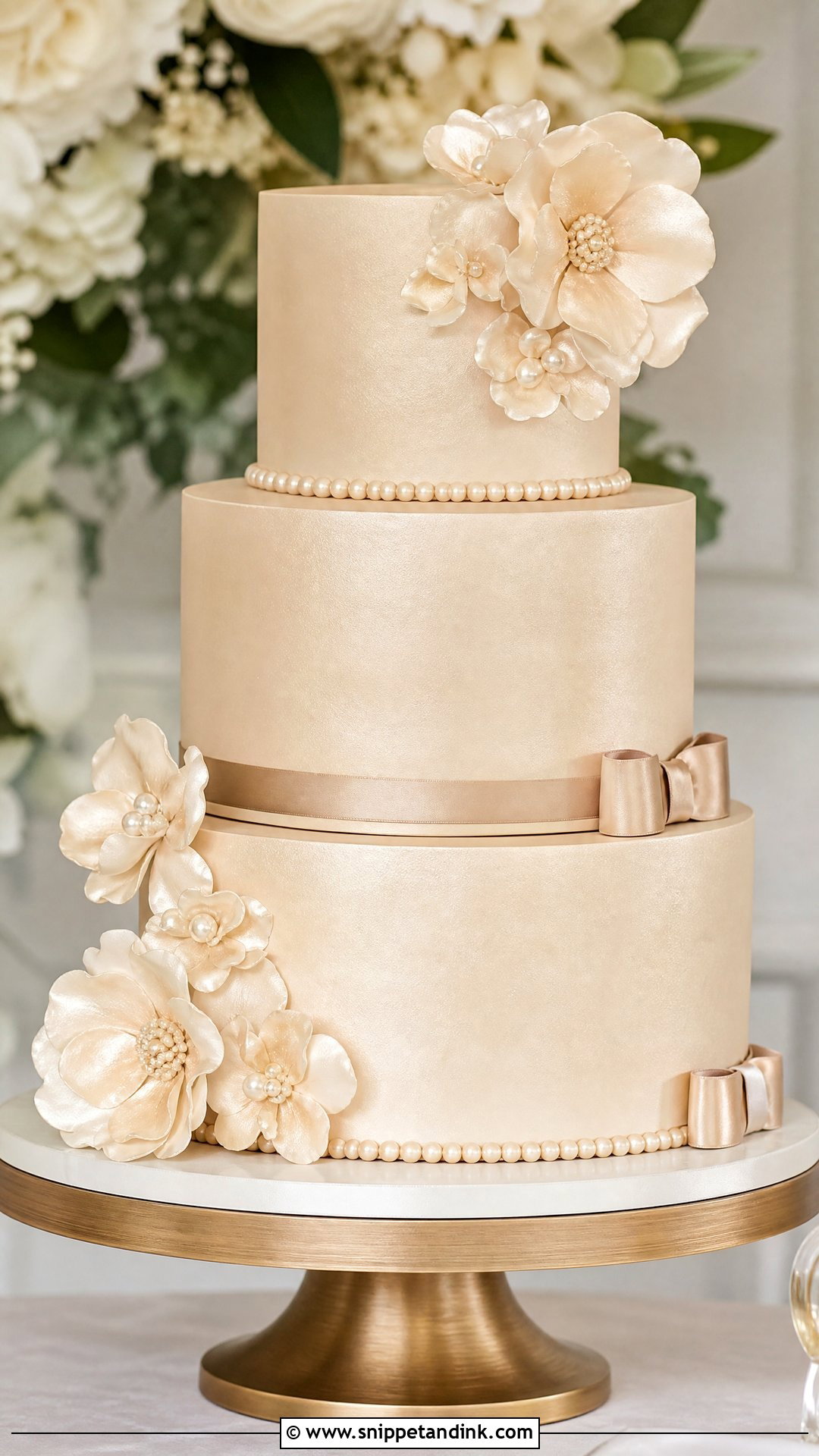 Pearl Wedding Cake With Champagne Color - Snippet and Ink - 20 Pearls Cake Ideas for Wedding