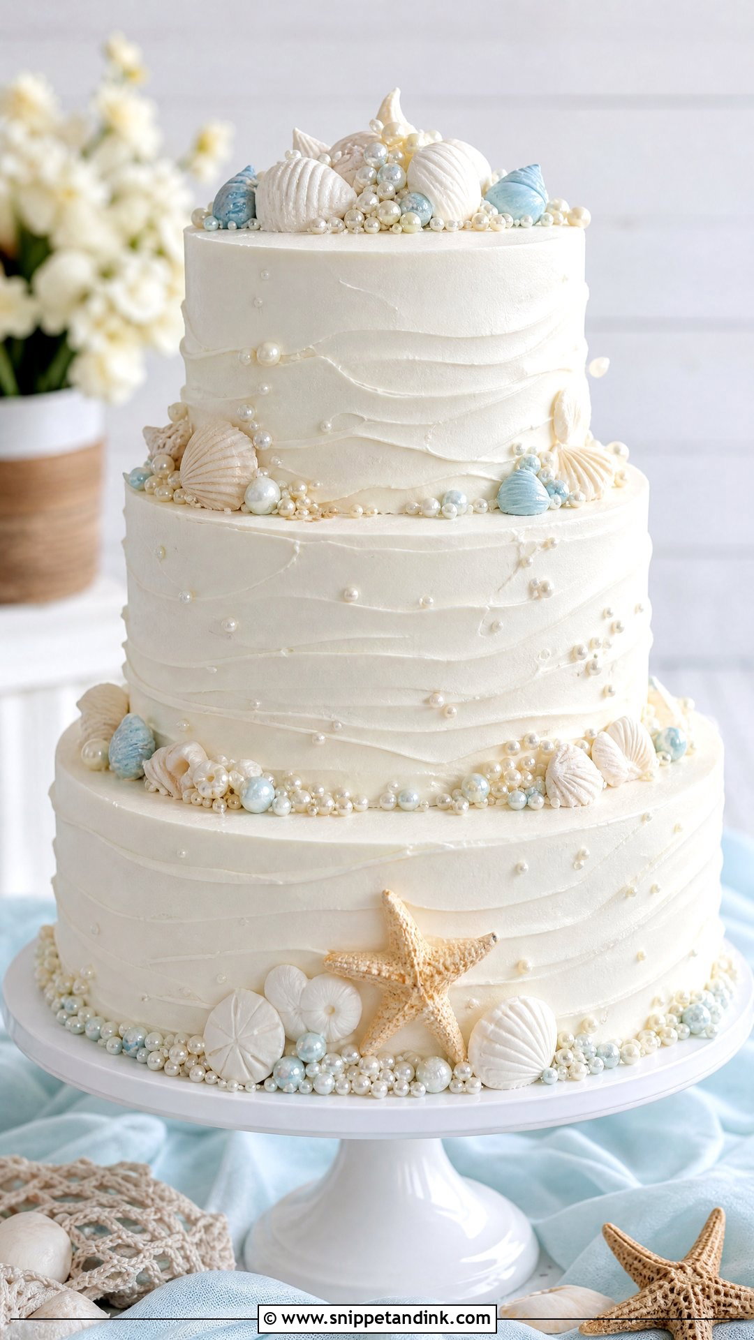 Pearl Wedding Cake With Coastal Shells - Snippet and Ink - 20 Pearl Wedding Cake Ideas