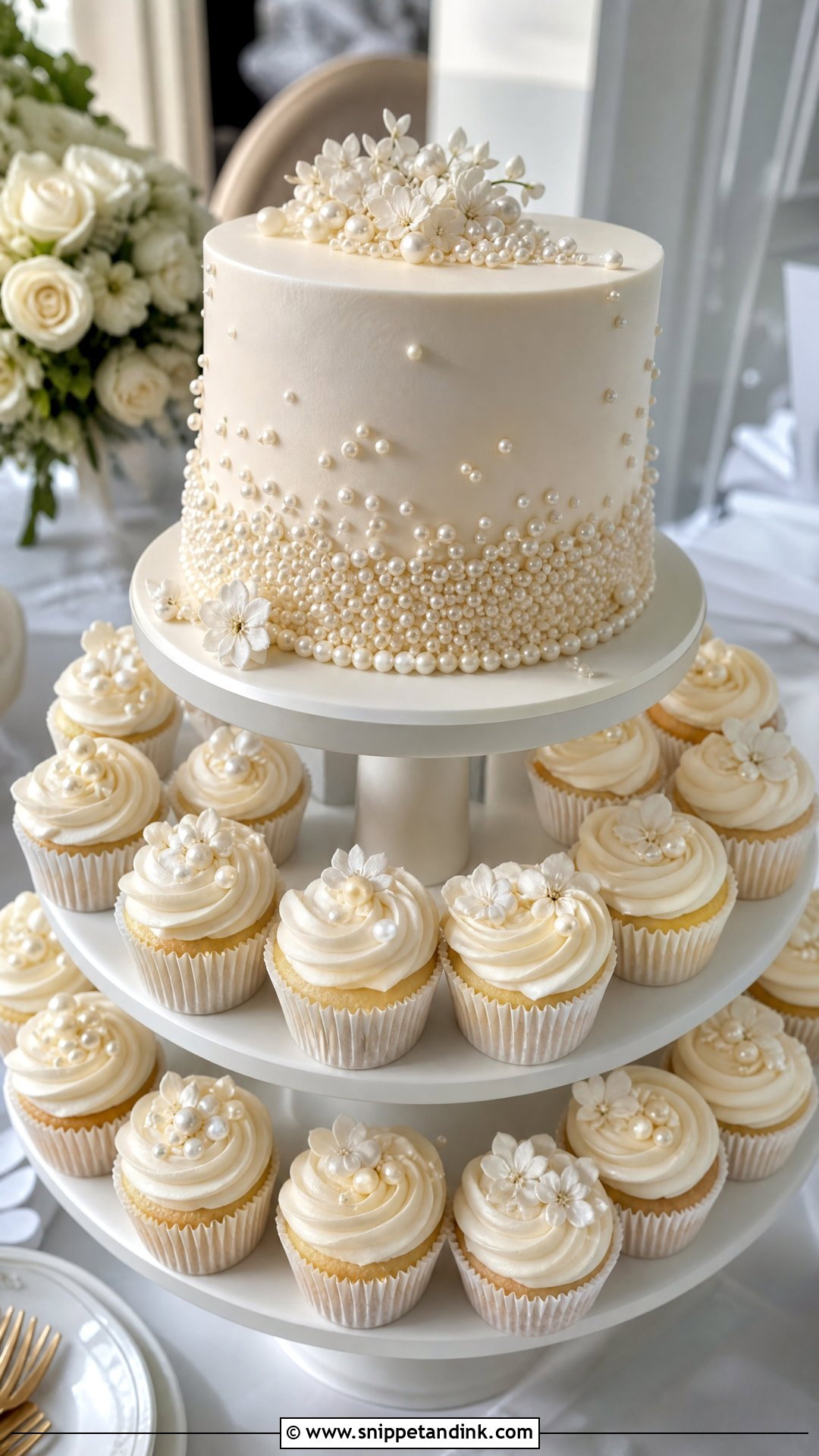 Pearl Wedding Cake With Cupcakes - Snippet and Ink - 20 Wedding Cakes with Cupcakes