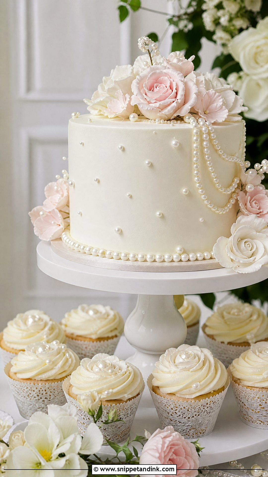 Pearl Wedding Cake With Cupcakes - Snippet and Ink - 20 Wedding Cake with Cupcakes