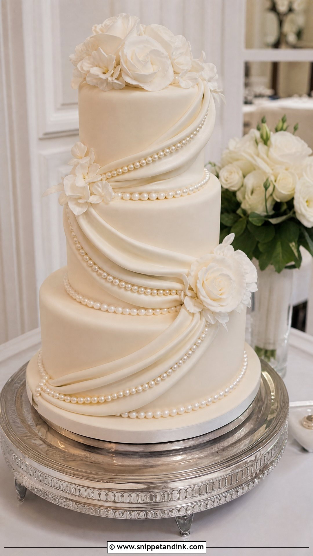 Pearl Wedding Cake With Draped Fondant - Snippet and Ink - 20 Pearls Cake Ideas for Wedding