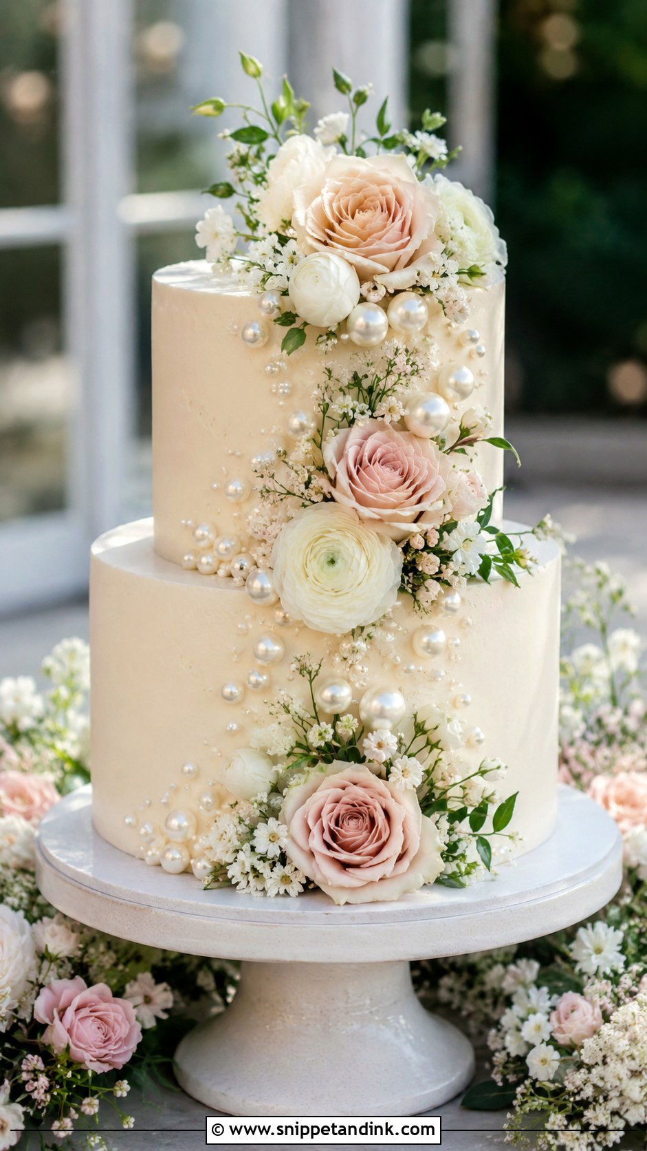 Pearl Wedding Cake With Fresh Flowers - Snippet and Ink - 20 Pearls on Wedding Cake Ideas