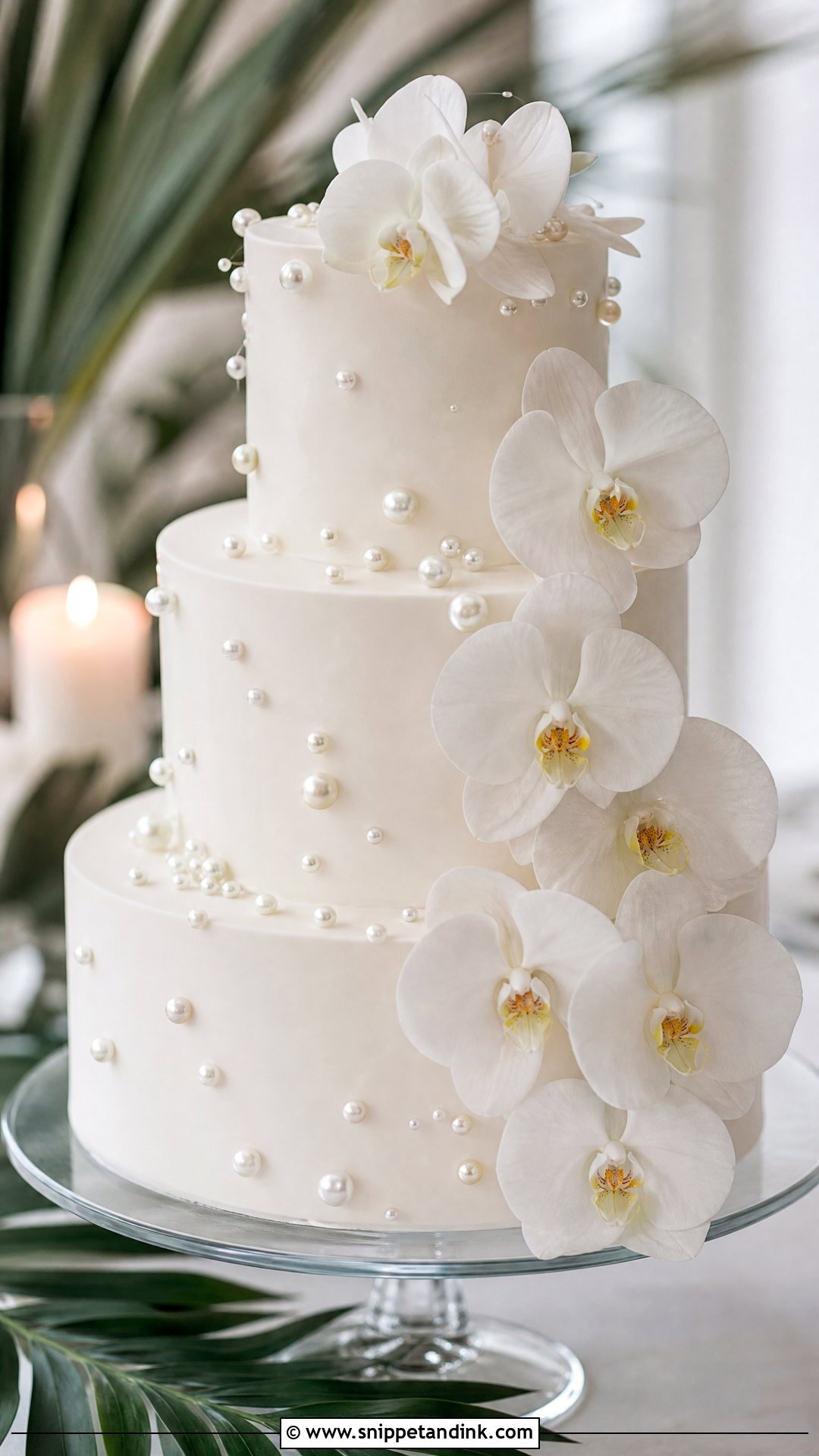 Pearl Wedding Cake With Fresh Orchids - Snippet and Ink - 20 Pearl Wedding Cake Ideas
