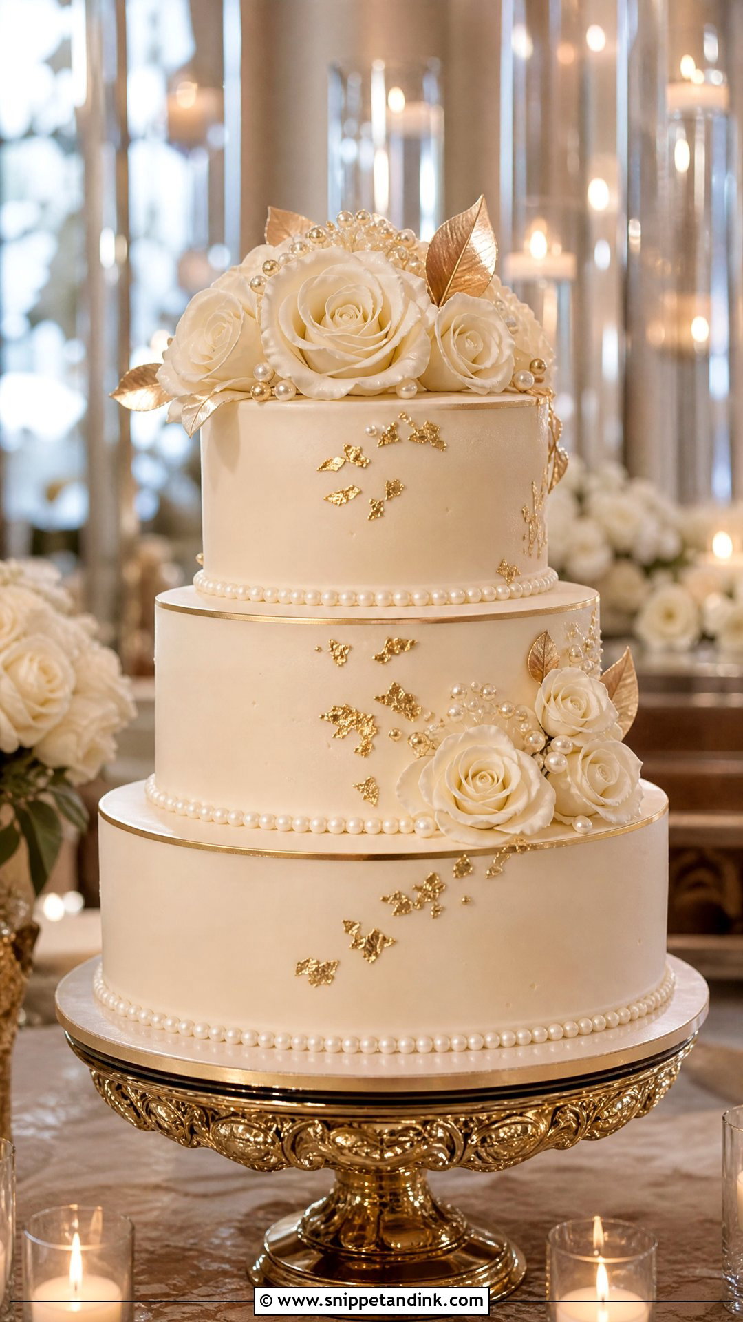 Pearl Wedding Cake With Gold Accents - Snippet and Ink - 20 Pearls Cake Ideas for Wedding