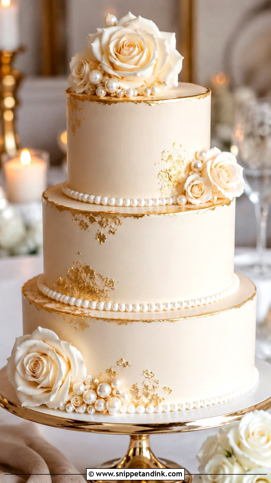 Pearl Wedding Cake With Gold Accents - Snippet and Ink - 20 Pearls on Wedding Cake Ideas