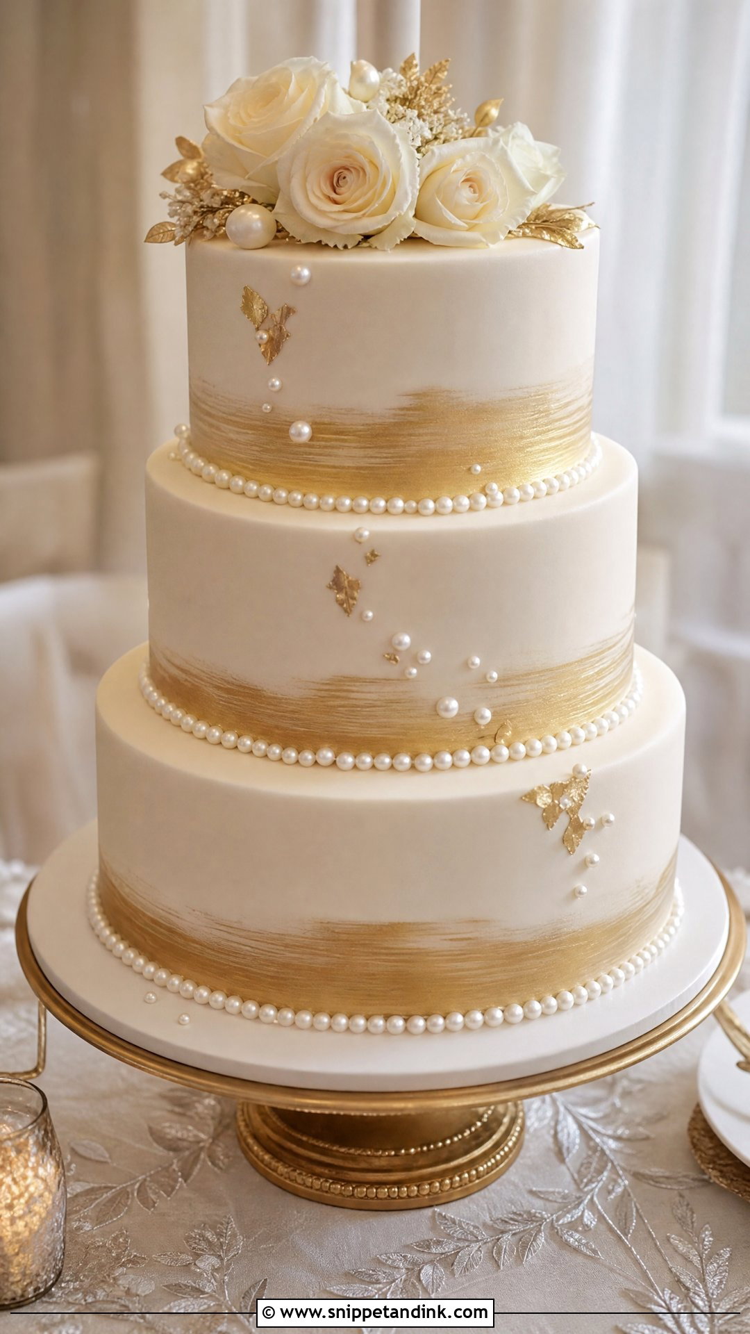 Pearl Wedding Cake With Gold Accents - Snippet and Ink - 20 Pearl Wedding Cake Ideas