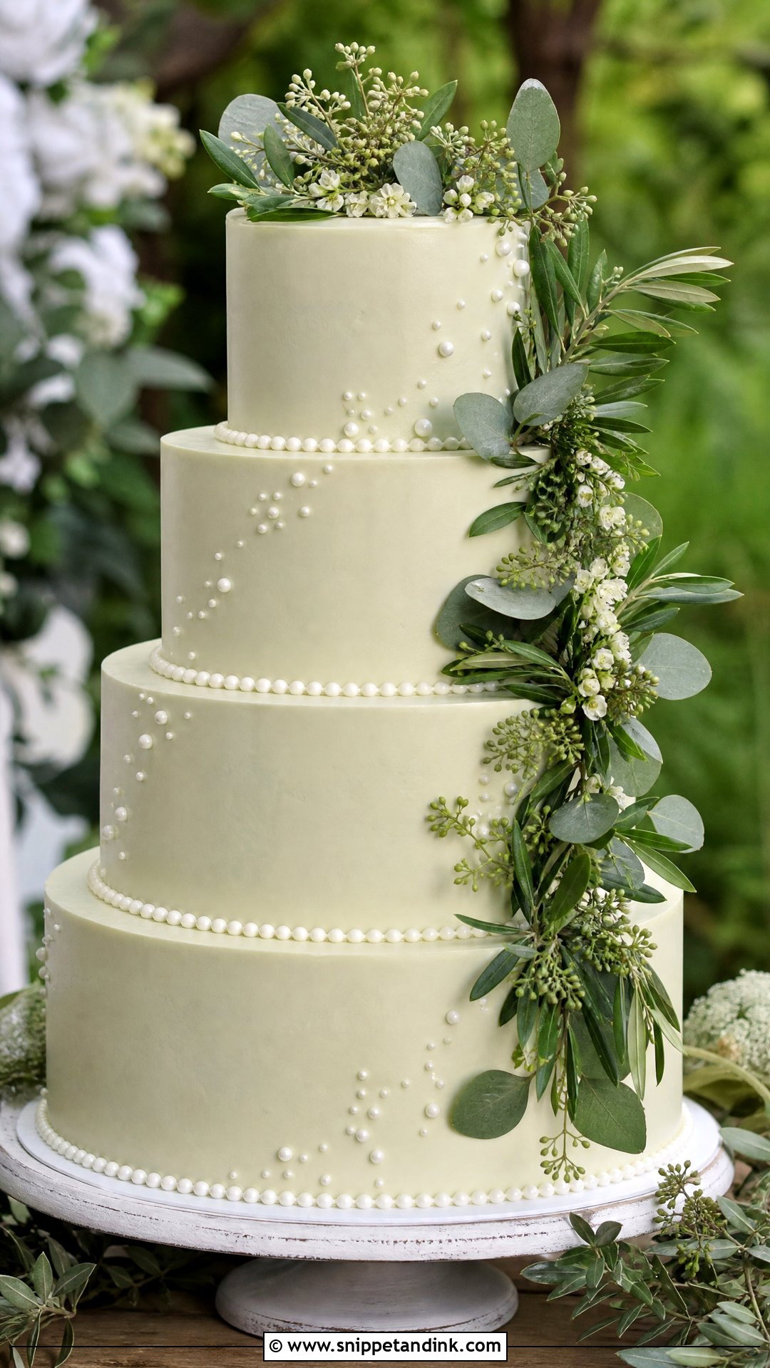 Pearl Wedding Cake With Greenery - Snippet and Ink - 20 Pearl Wedding Cake Ideas