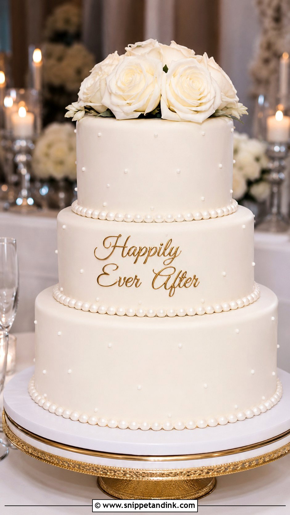 Pearl Wedding Cake With Happily Ever After - Snippet and Ink - 25 Wedding Cake Wording Ideas