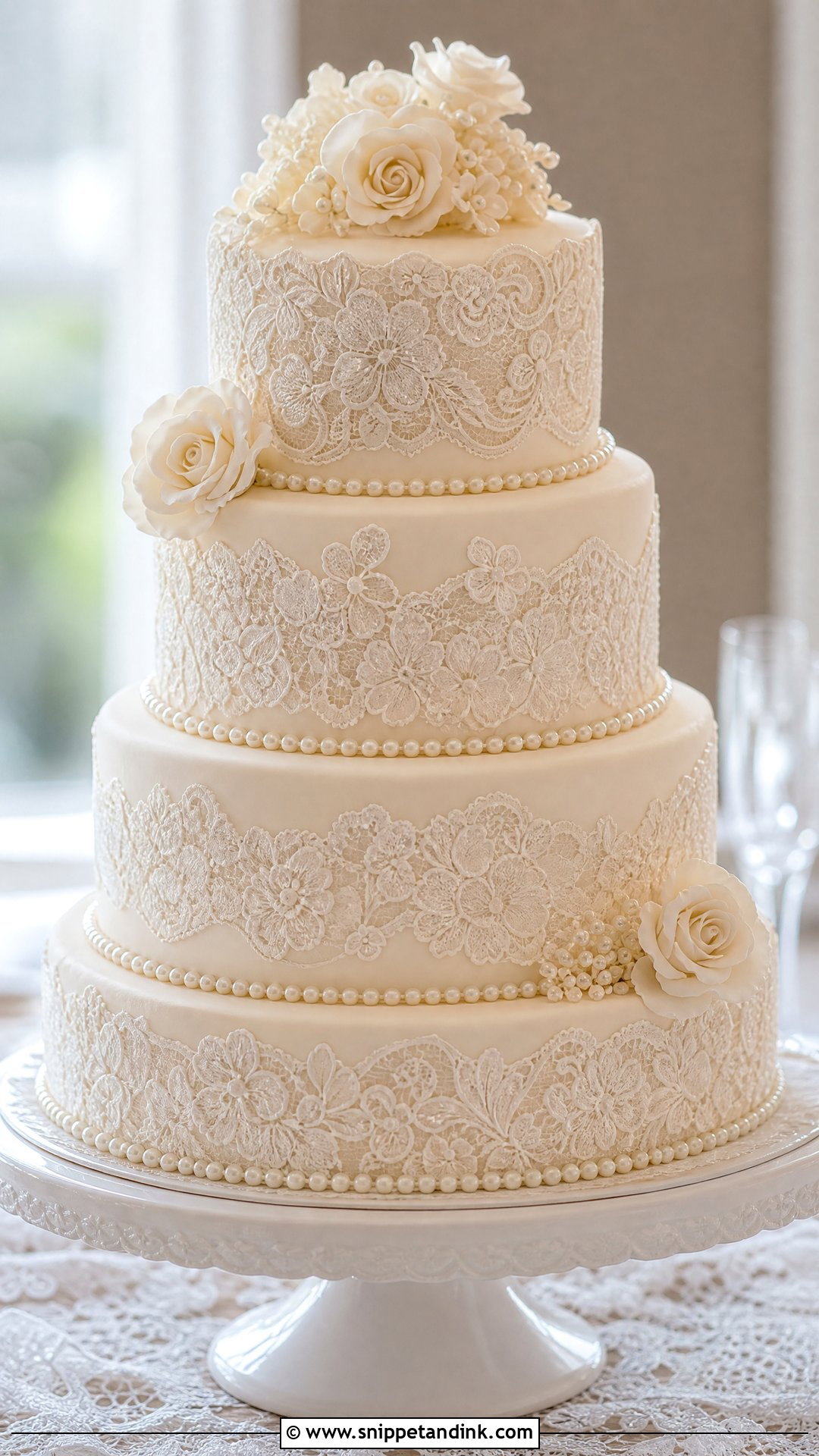 Pearl Wedding Cake With Lace Detail - Snippet and Ink - 20 Pearl Wedding Cake Ideas