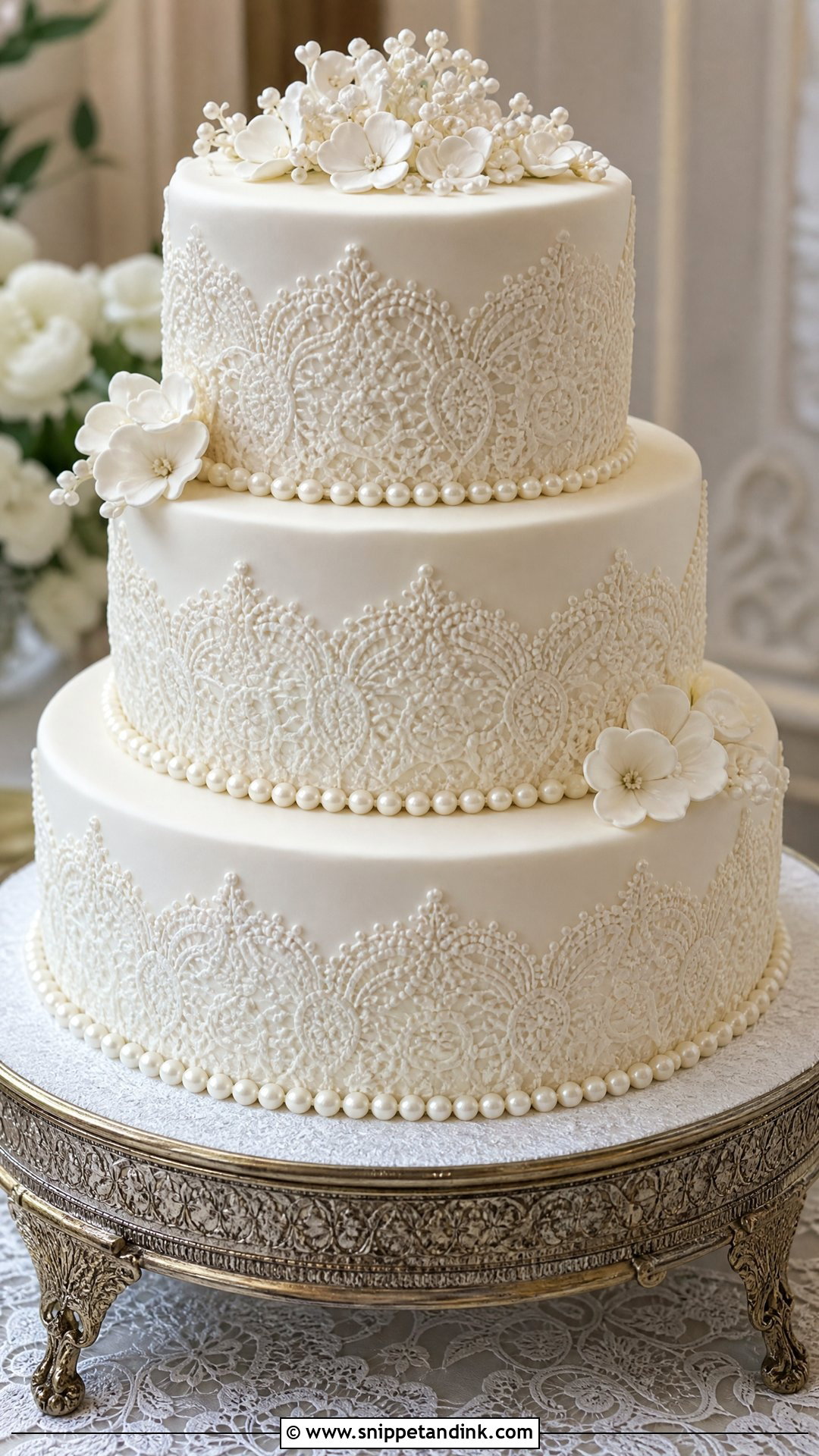 Pearl Wedding Cake With Lace Piping - Snippet and Ink - 20 Pearls Cake Ideas for Wedding