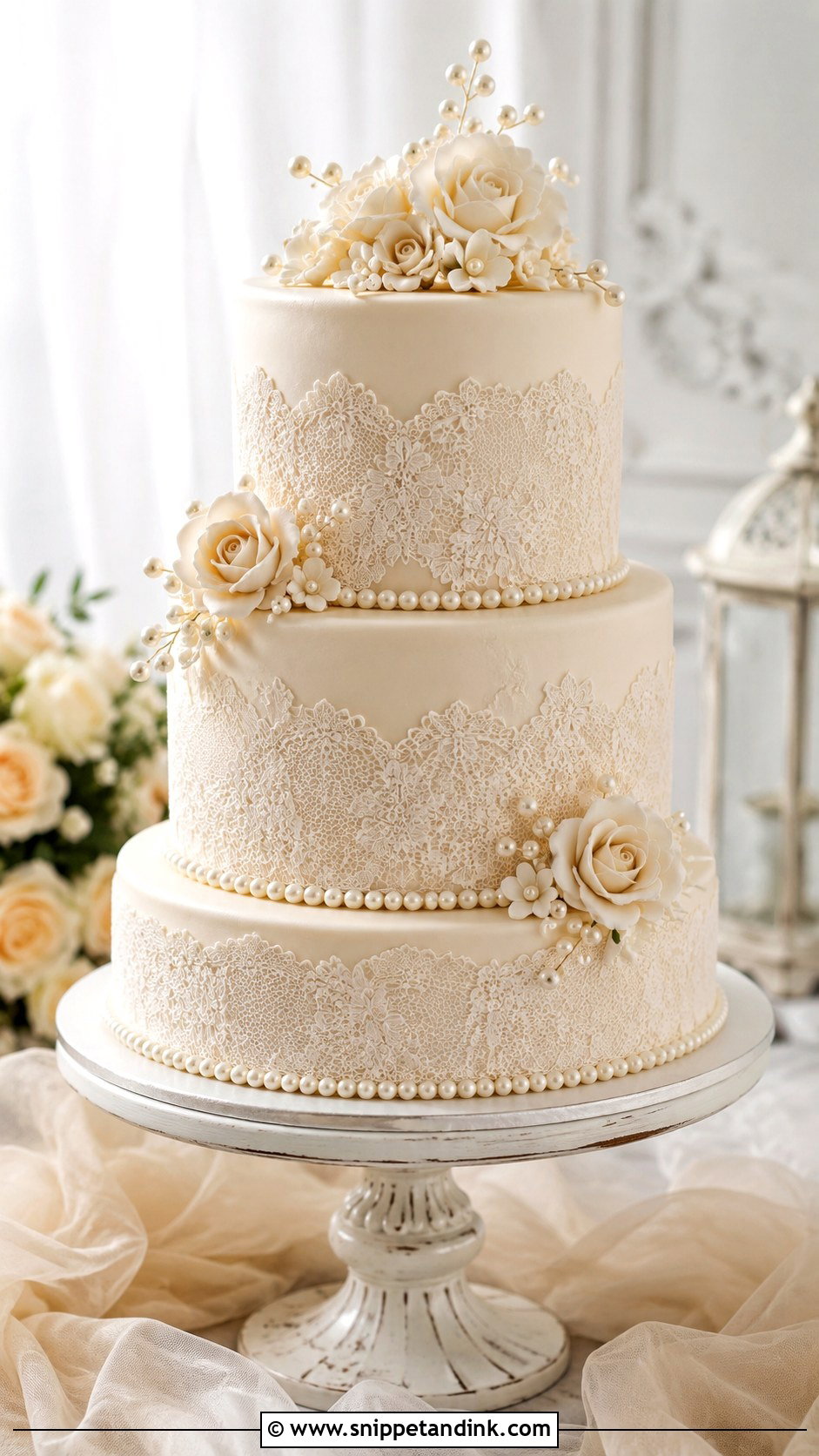 Pearl Wedding Cake With Lace - Snippet and Ink - 20 Pearls on Wedding Cake Ideas