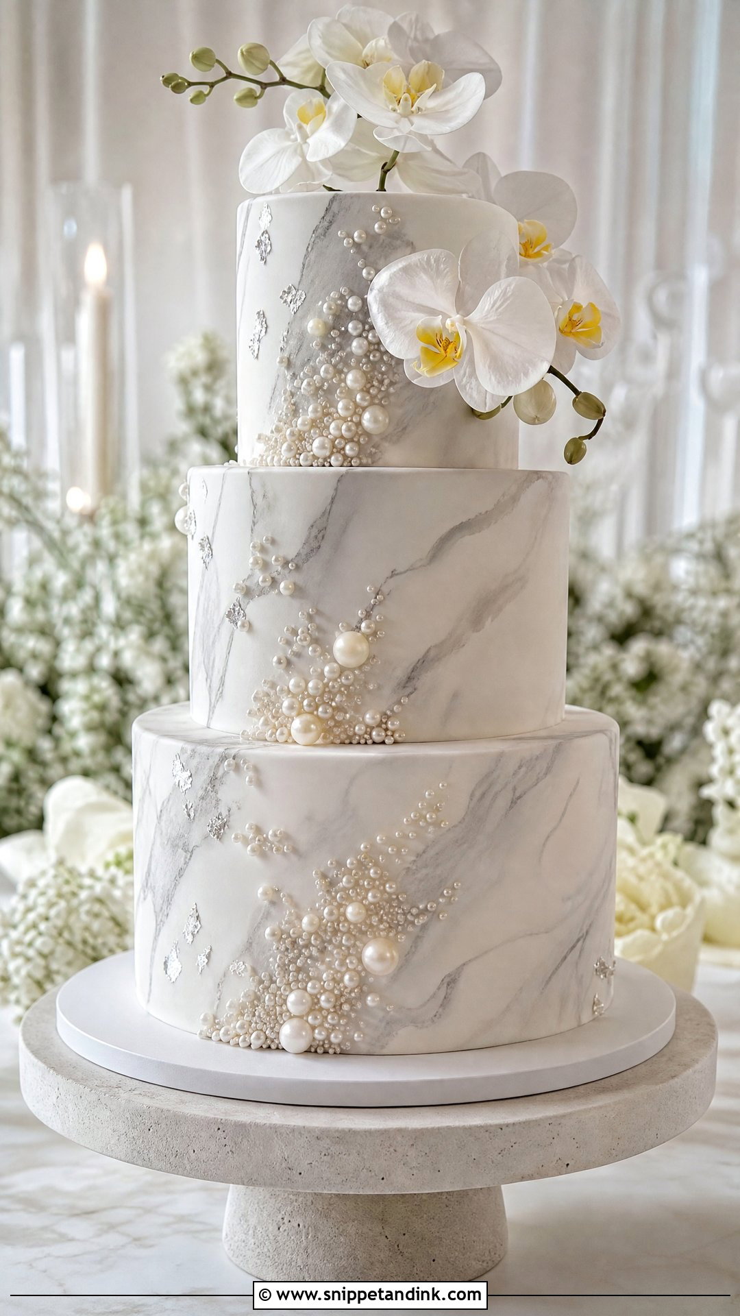 Pearl Wedding Cake With Marble Finish - Snippet and Ink - 20 Pearl Wedding Cake Ideas