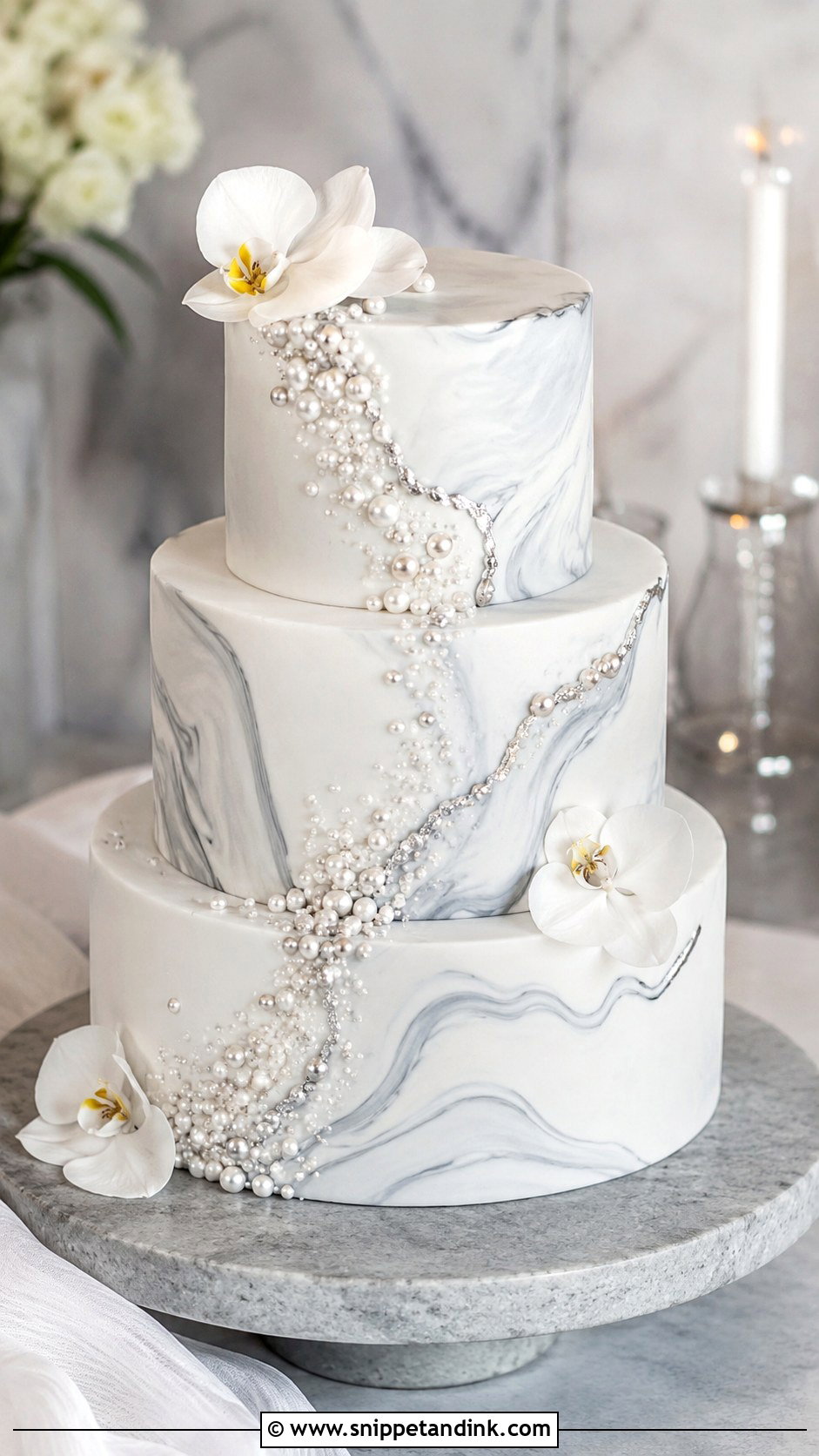 Pearl Wedding Cake With Marble - Snippet and Ink - 20 Pearls on Wedding Cake Ideas