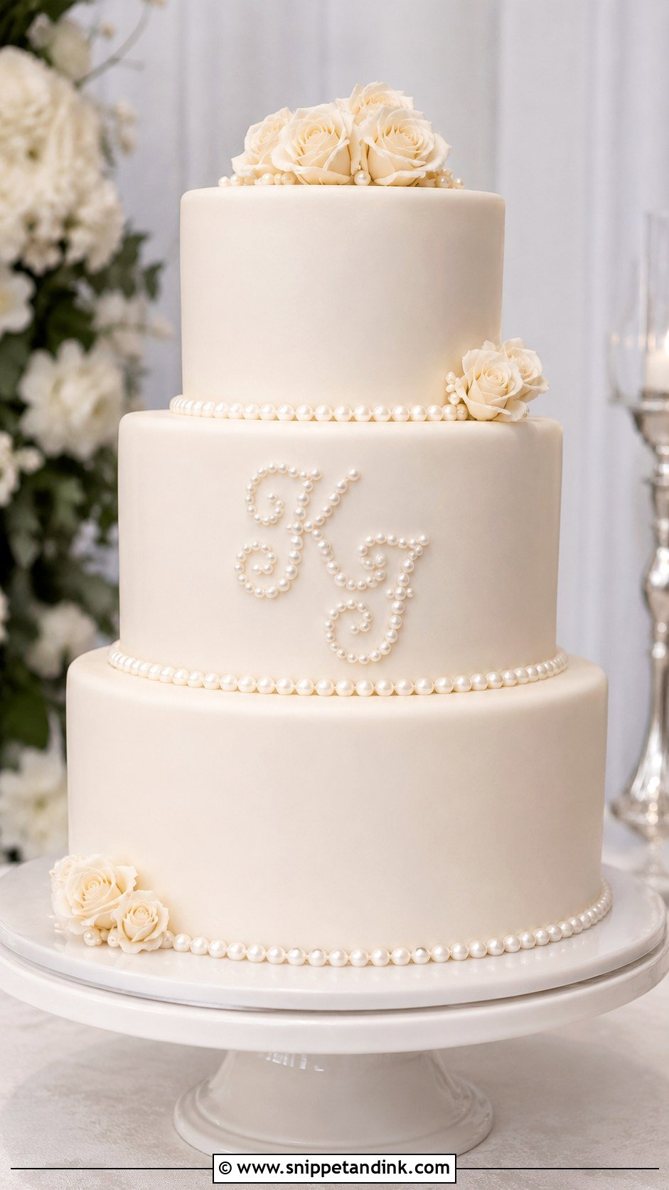 Pearl Wedding Cake With Monogram - Snippet and Ink - 20 Pearls on Wedding Cake Ideas