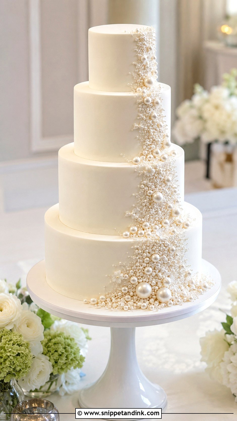 Pearl Wedding Cake With Pearl Cascade - Snippet and Ink - 20 Pearls on Wedding Cake Ideas